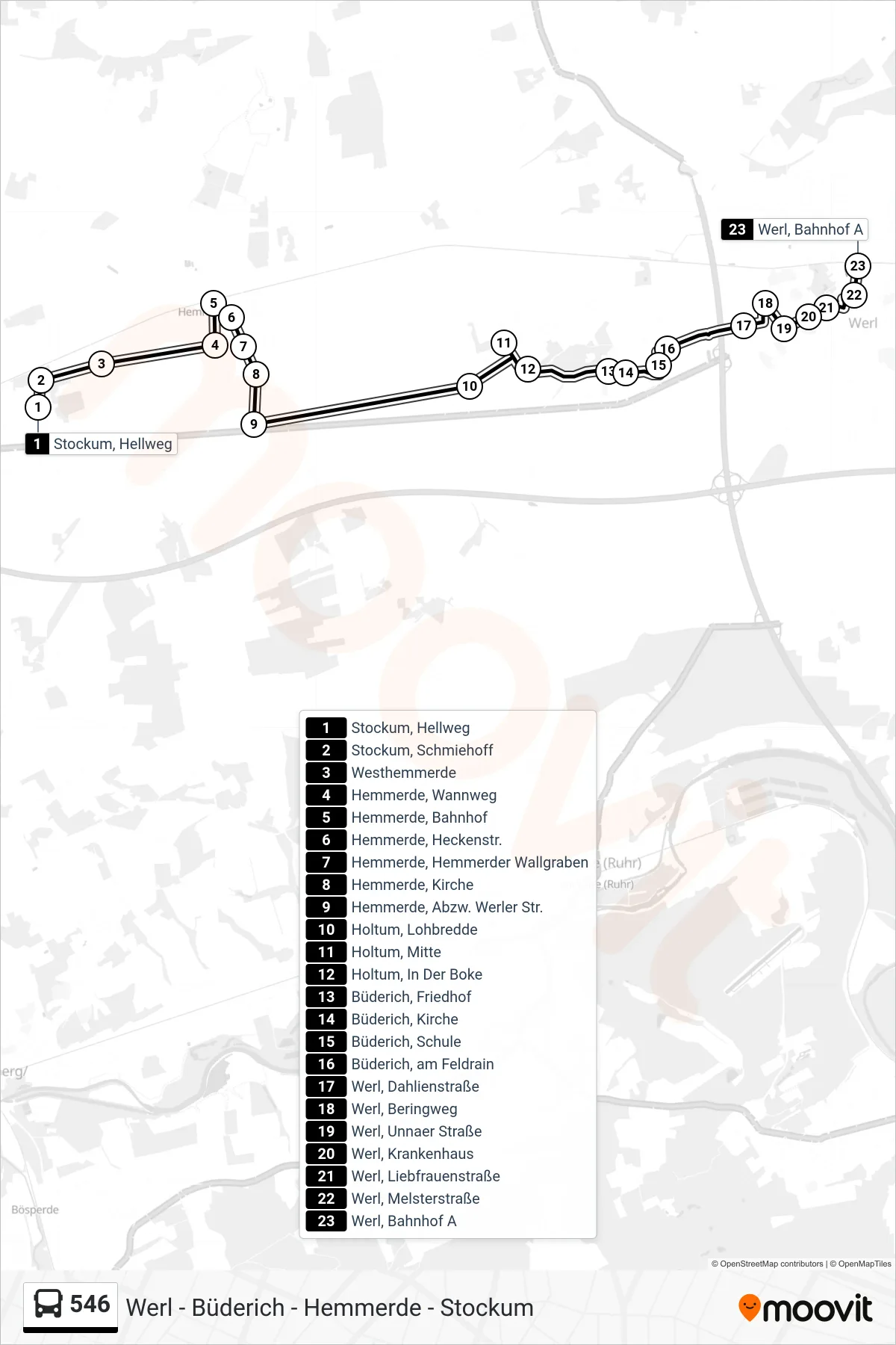Linie 546 (Bus) Richtung Werl, Bahnhof A: Route und Haltestellen auf der Karte