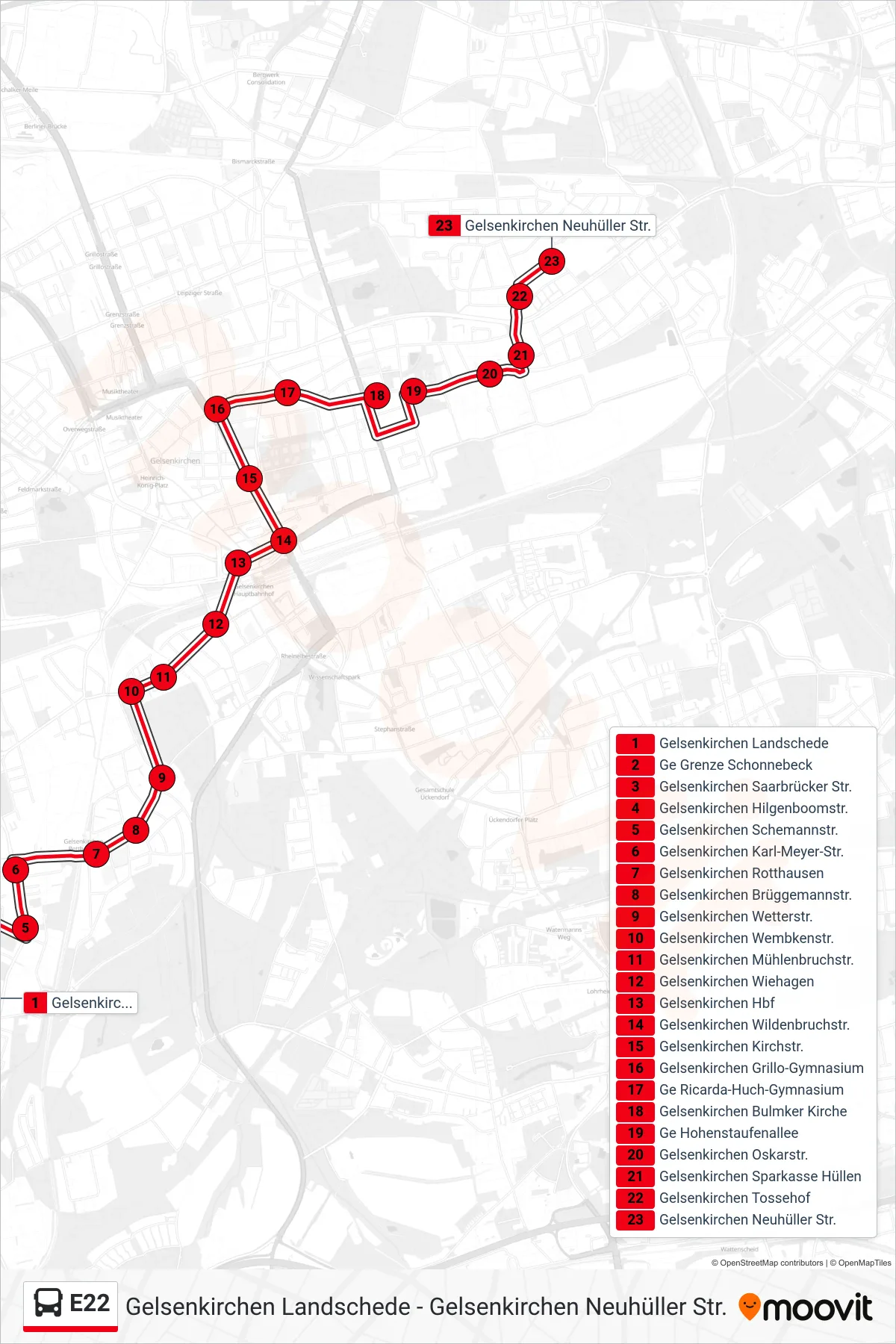 Linie E22 (Bus) Richtung Gelsenkirchen Neuhüller Str.: Route und Haltestellen auf der Karte