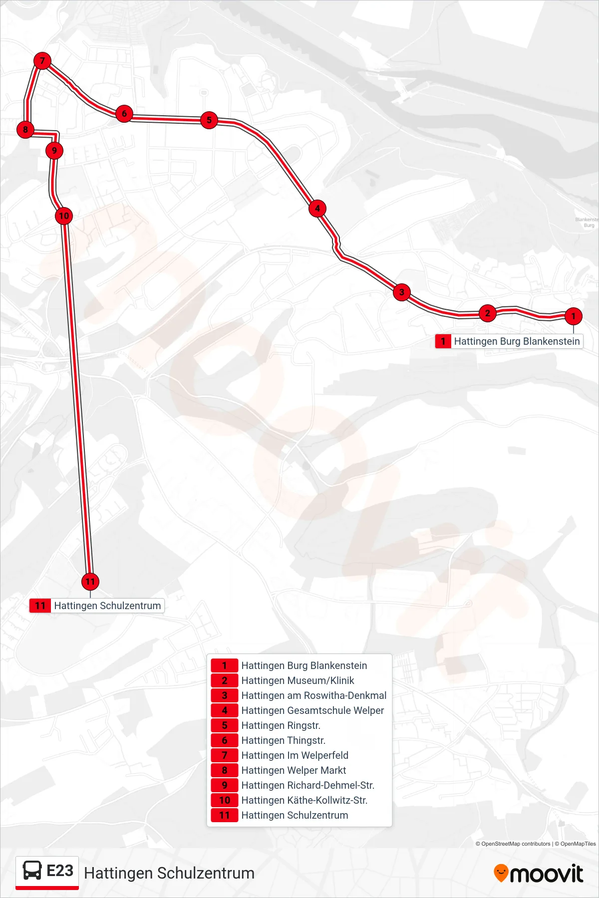 Linie E23 (Bus) Richtung Hattingen Schulzentrum: Route und Haltestellen auf der Karte
