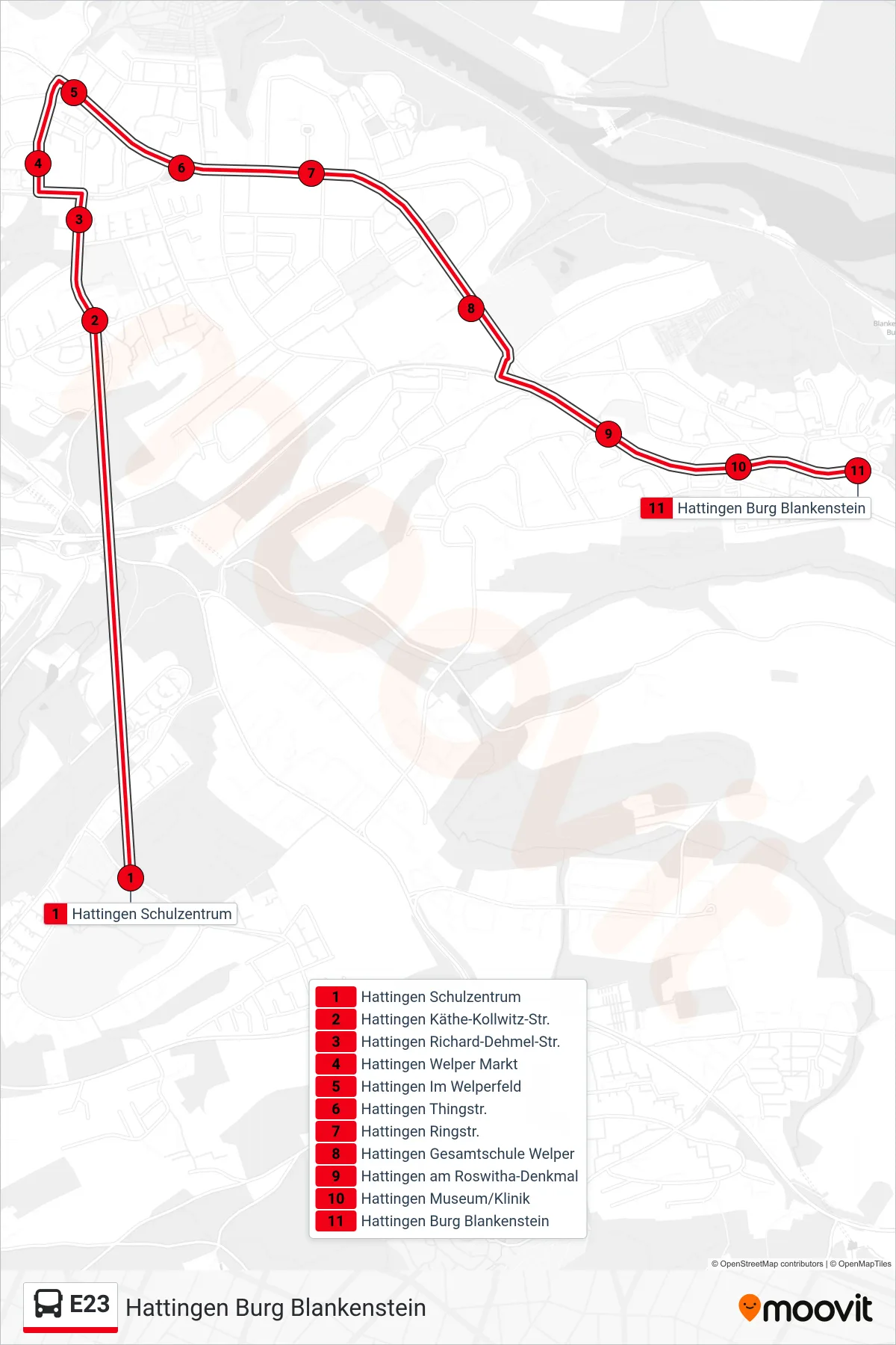 Linie E23 (Bus) Richtung Hattingen Burg Blankenstein: Route und Haltestellen auf der Karte