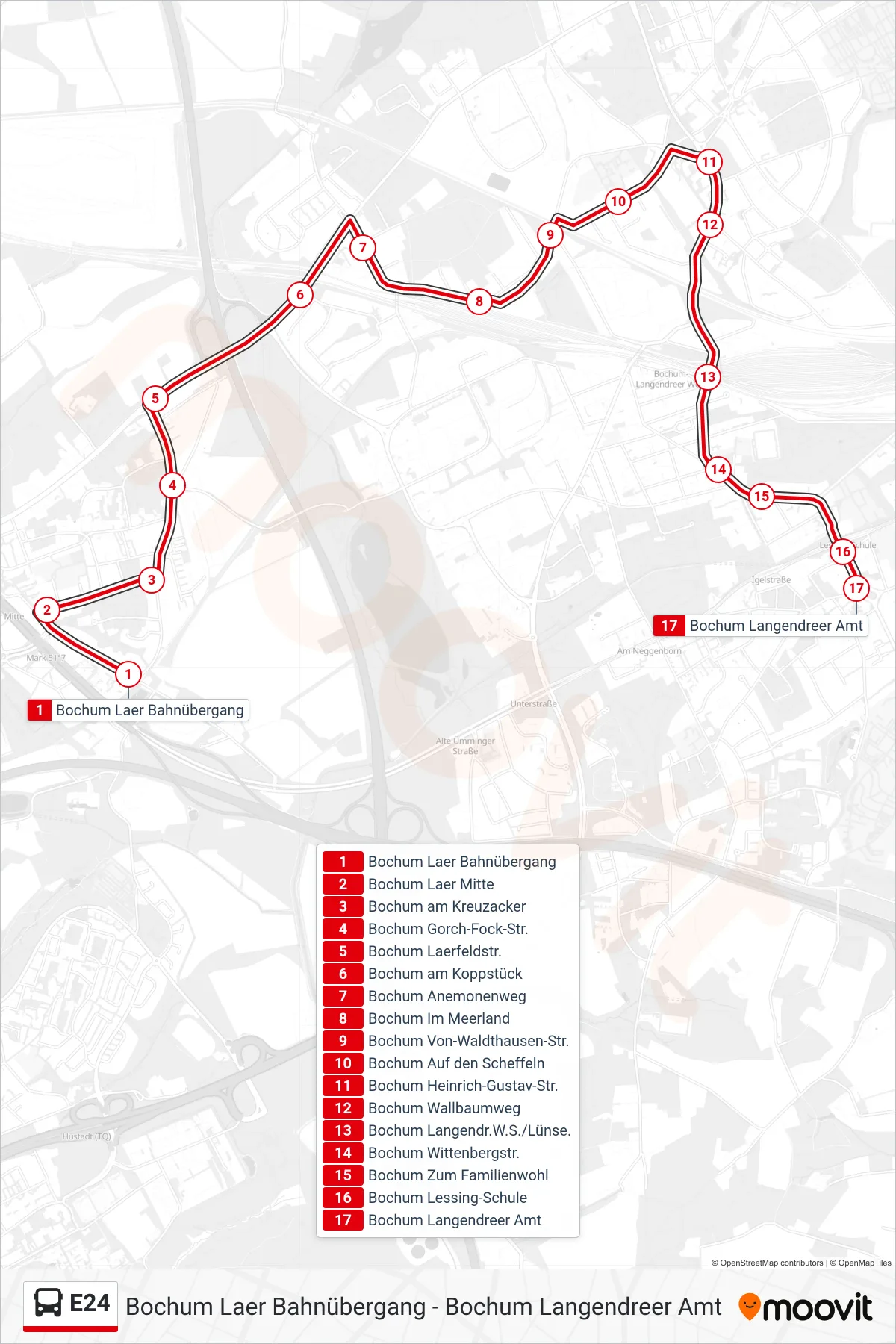 Linie E24 (Bus) Richtung Bochum Langendreer Amt: Route und Haltestellen auf der Karte