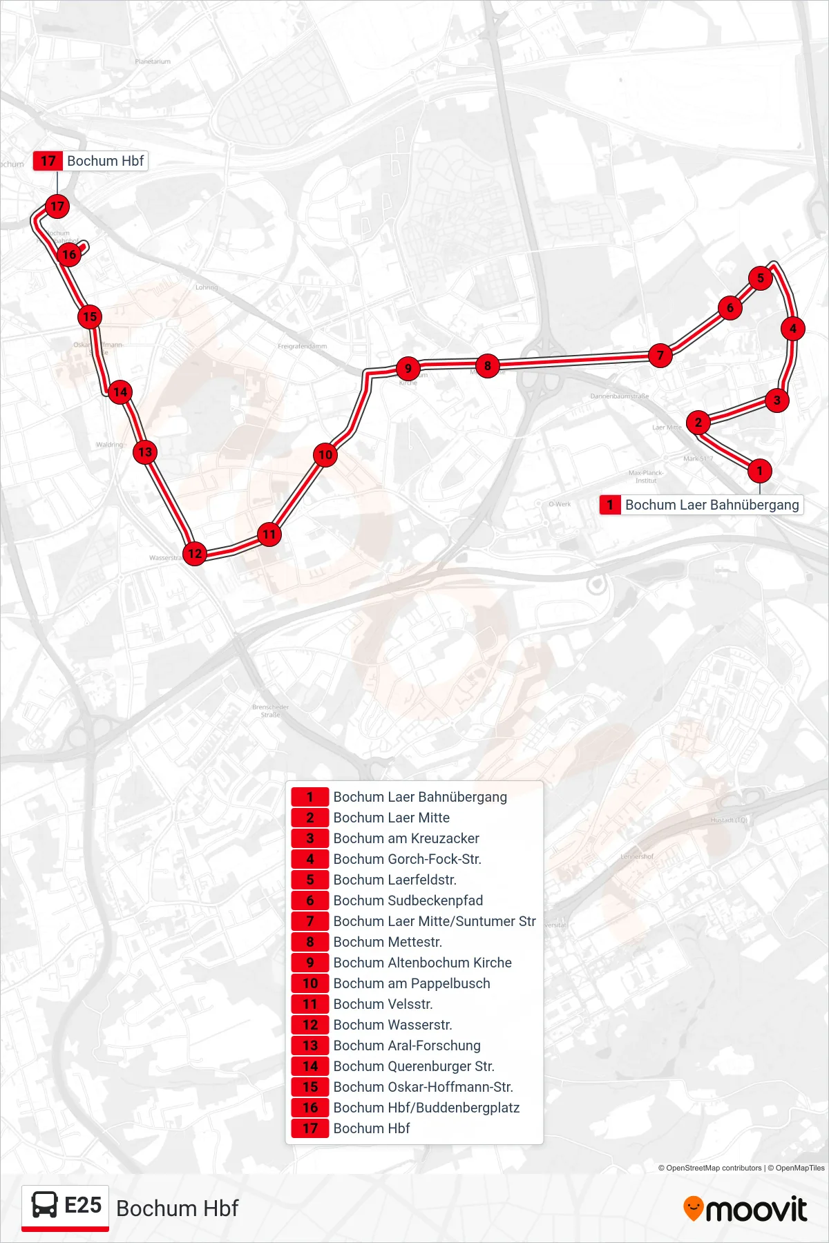 Linie E25 (Bus) Richtung Bochum Hbf: Route und Haltestellen auf der Karte