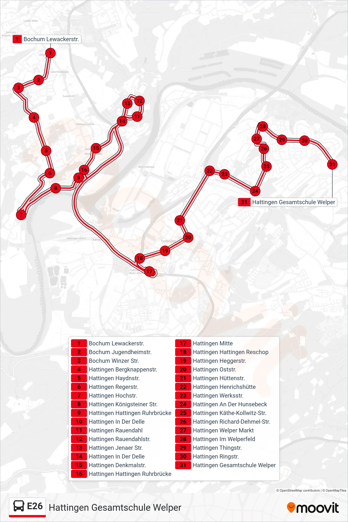 Linie E26 (Bus) Richtung Hattingen Gesamtschule Welper: Route und Haltestellen auf der Karte