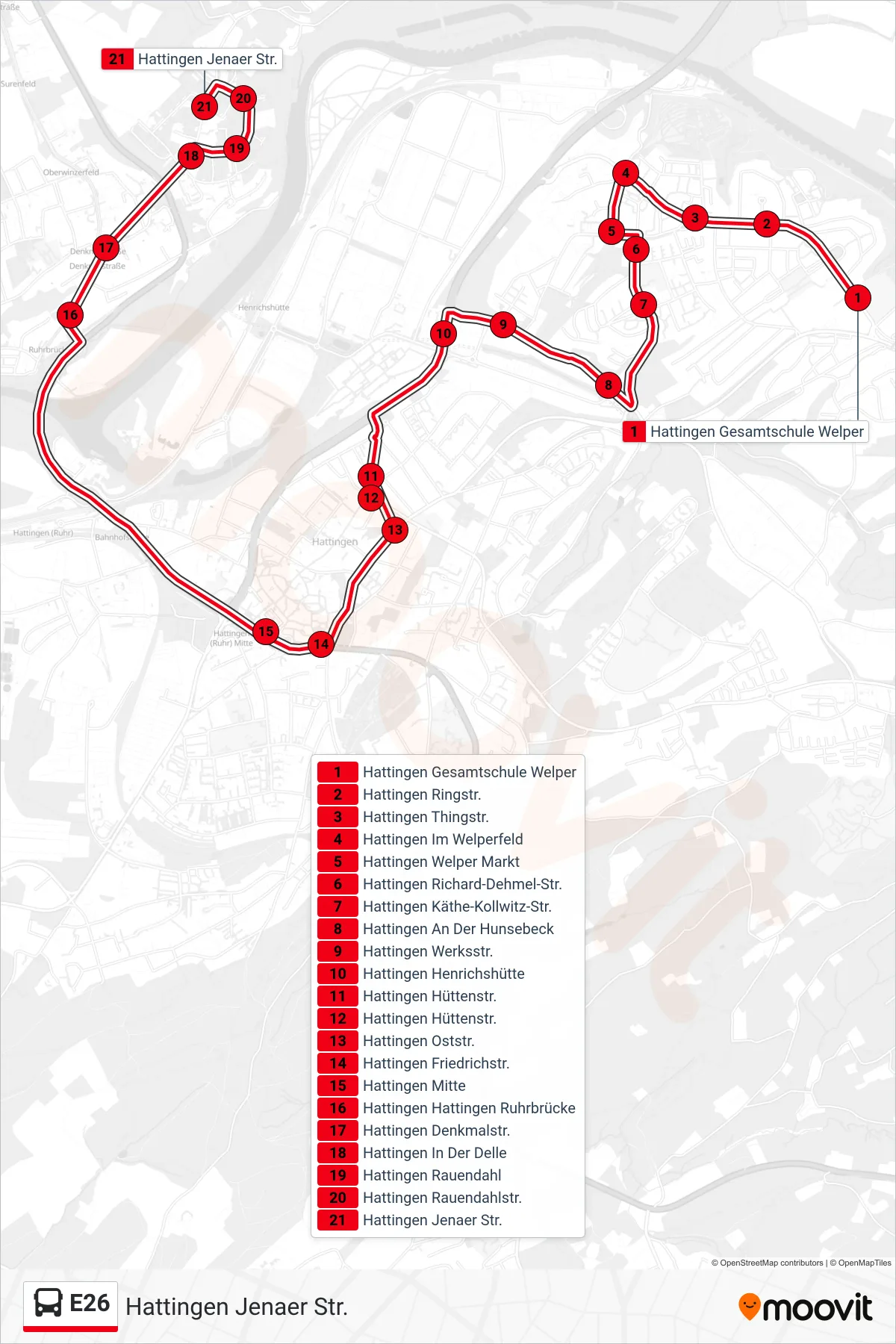 Linie E26 (Bus) Richtung Hattingen Jenaer Str.: Route und Haltestellen auf der Karte