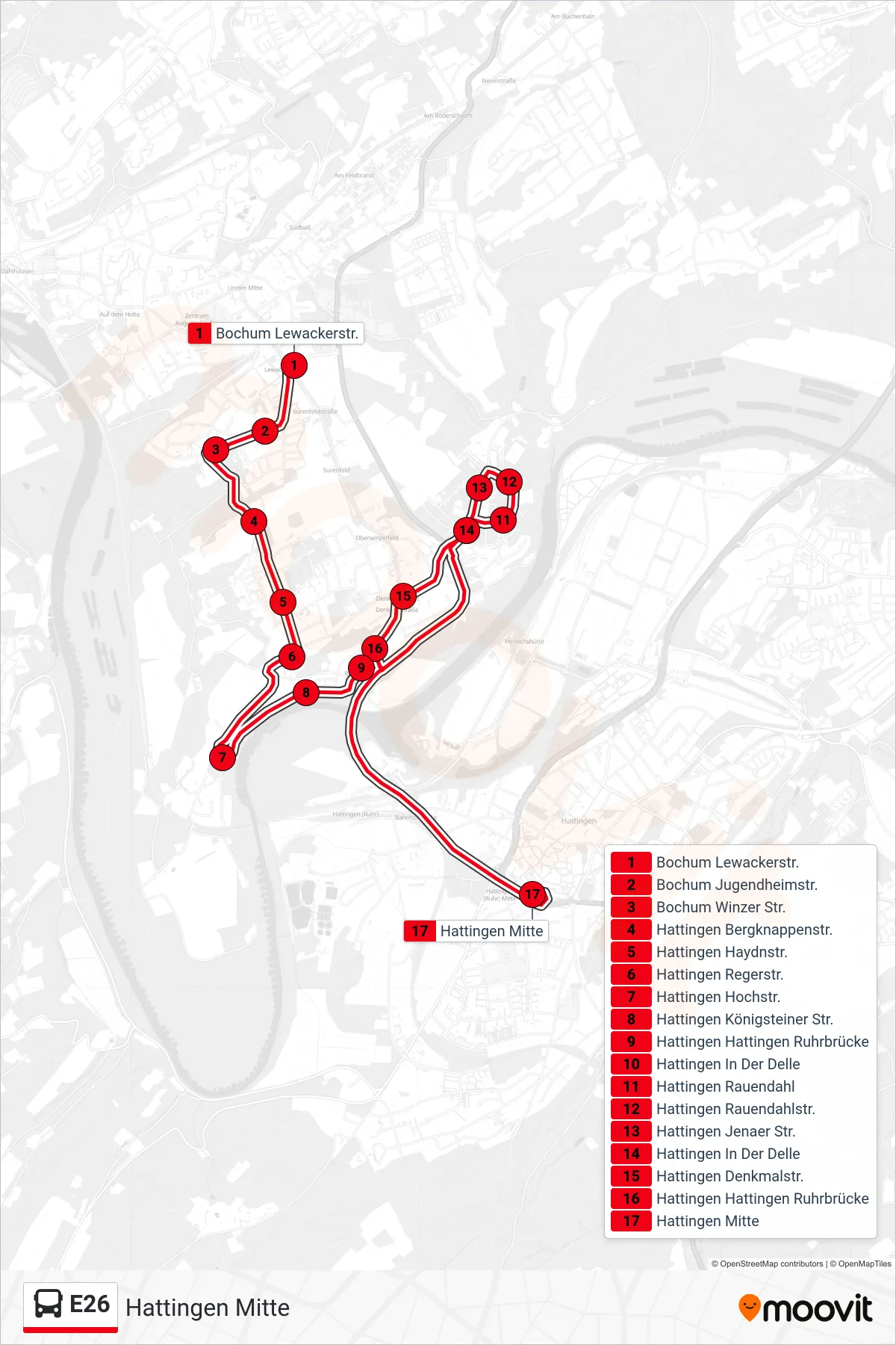 E26 bus Line (Hattingen Mitte) route and stops on a map