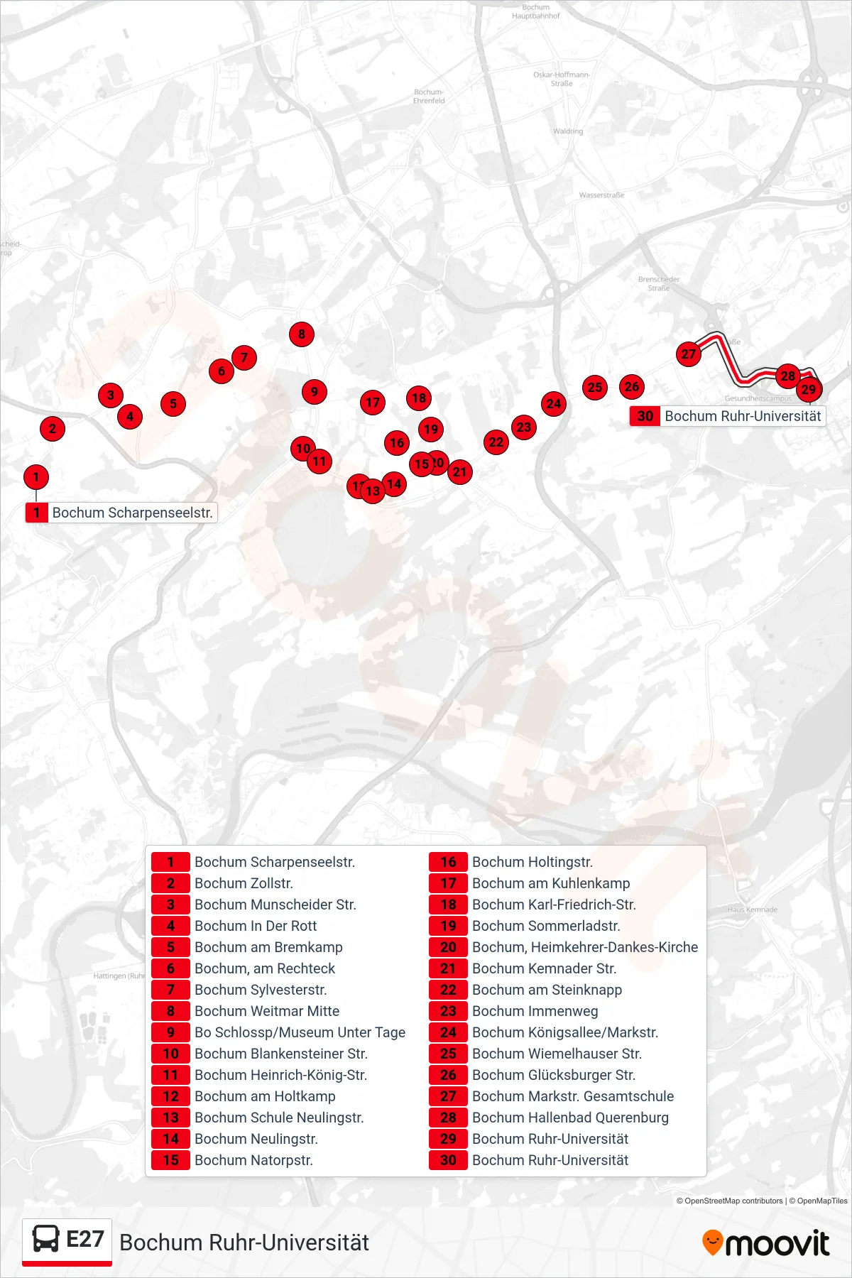 Linie E27 (Bus) Richtung Bochum Ruhr-Universität: Route und Haltestellen auf der Karte