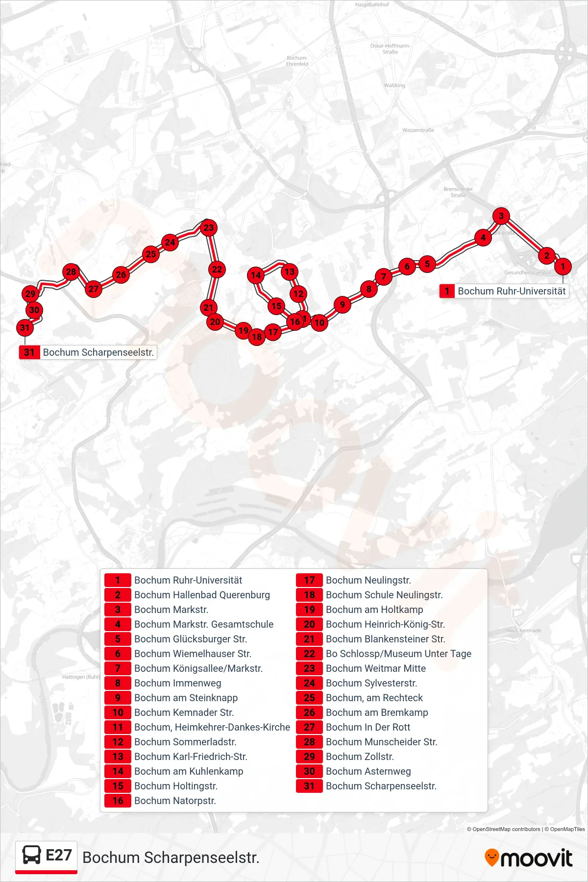 Linie E27 (Bus) Richtung Bochum Scharpenseelstr.: Route und Haltestellen auf der Karte