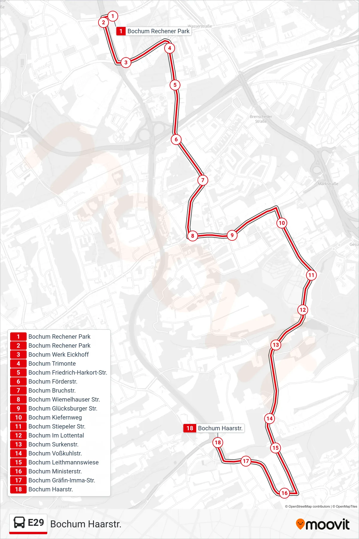 Linie E29 (Bus) Richtung Bochum Haarstr.: Route und Haltestellen auf der Karte