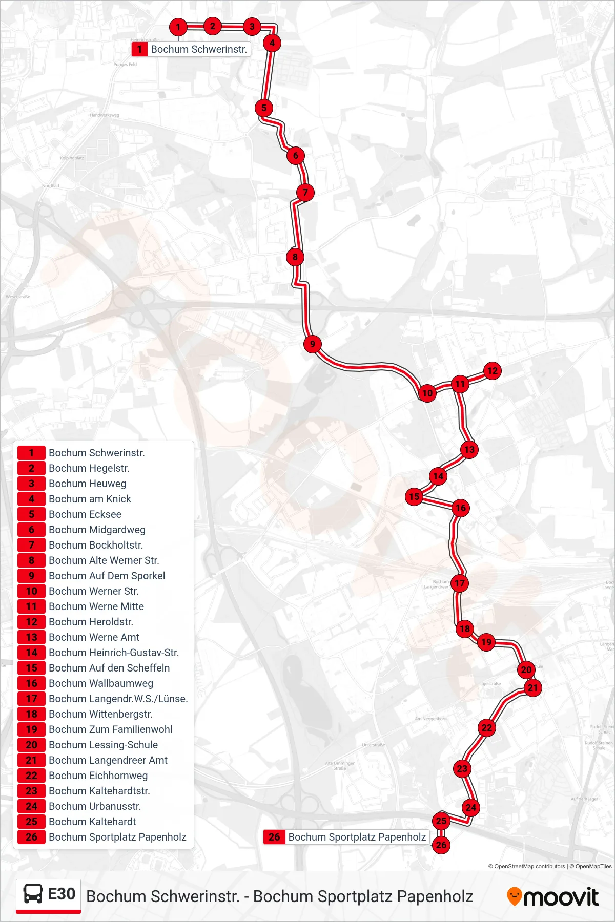 E30 bus Line (Bochum Sportplatz Papenholz) route and stops on a map