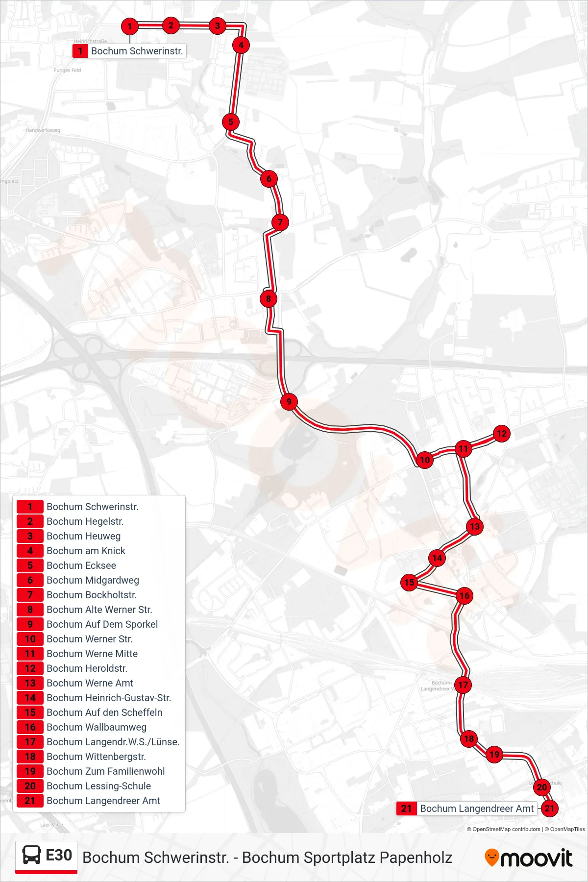 Linie E30 (Bus) Richtung Bochum Langendreer Amt: Route und Haltestellen auf der Karte