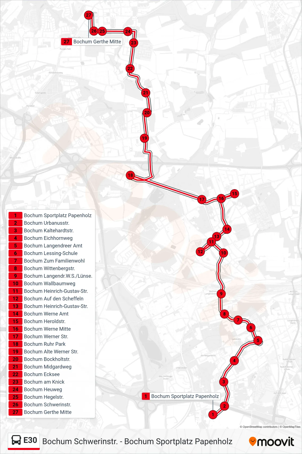 Linie E30 (Bus) Richtung Bochum Gerthe Mitte: Route und Haltestellen auf der Karte