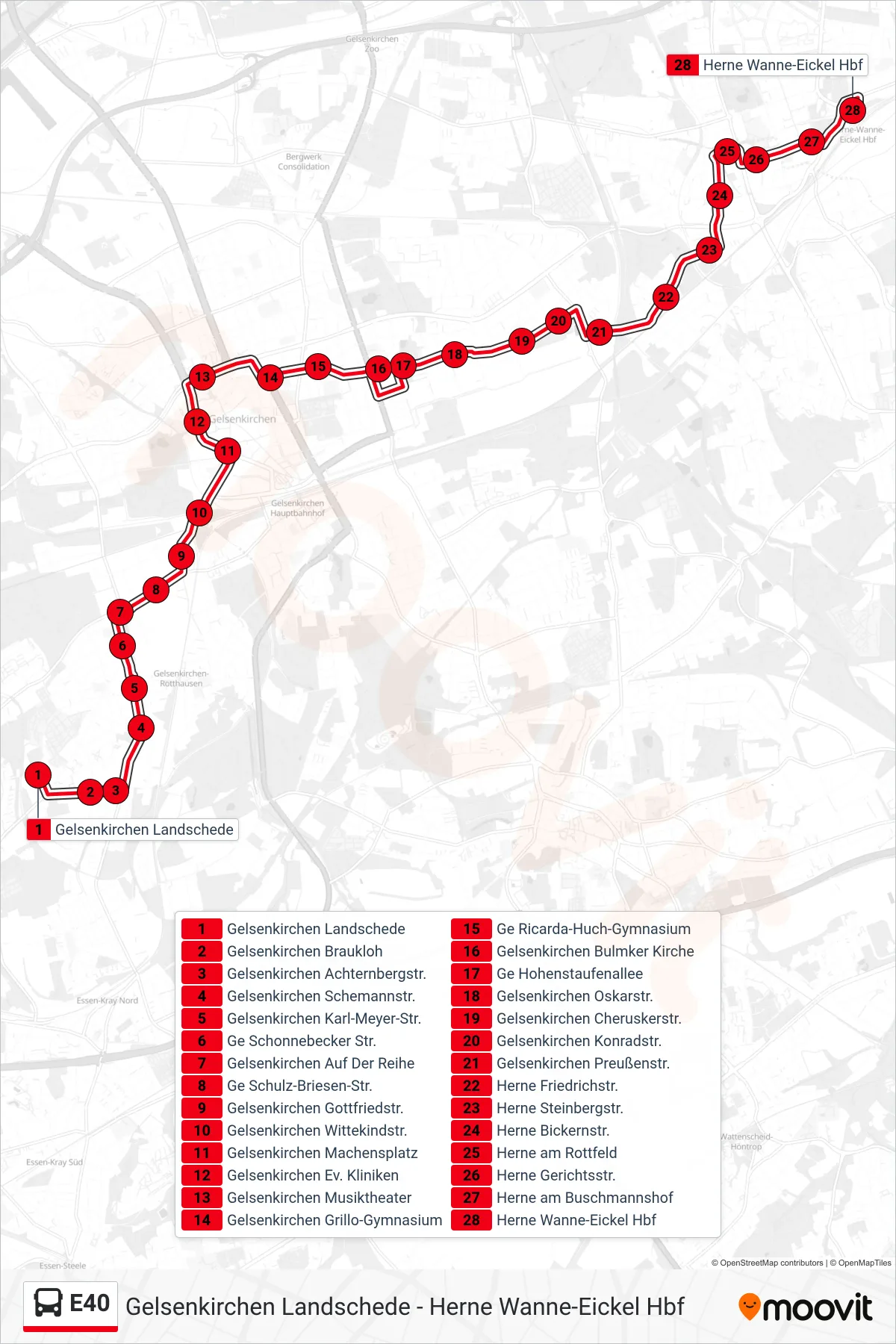 Linie E40 (Bus) Richtung Herne Wanne-Eickel Hbf: Route und Haltestellen auf der Karte