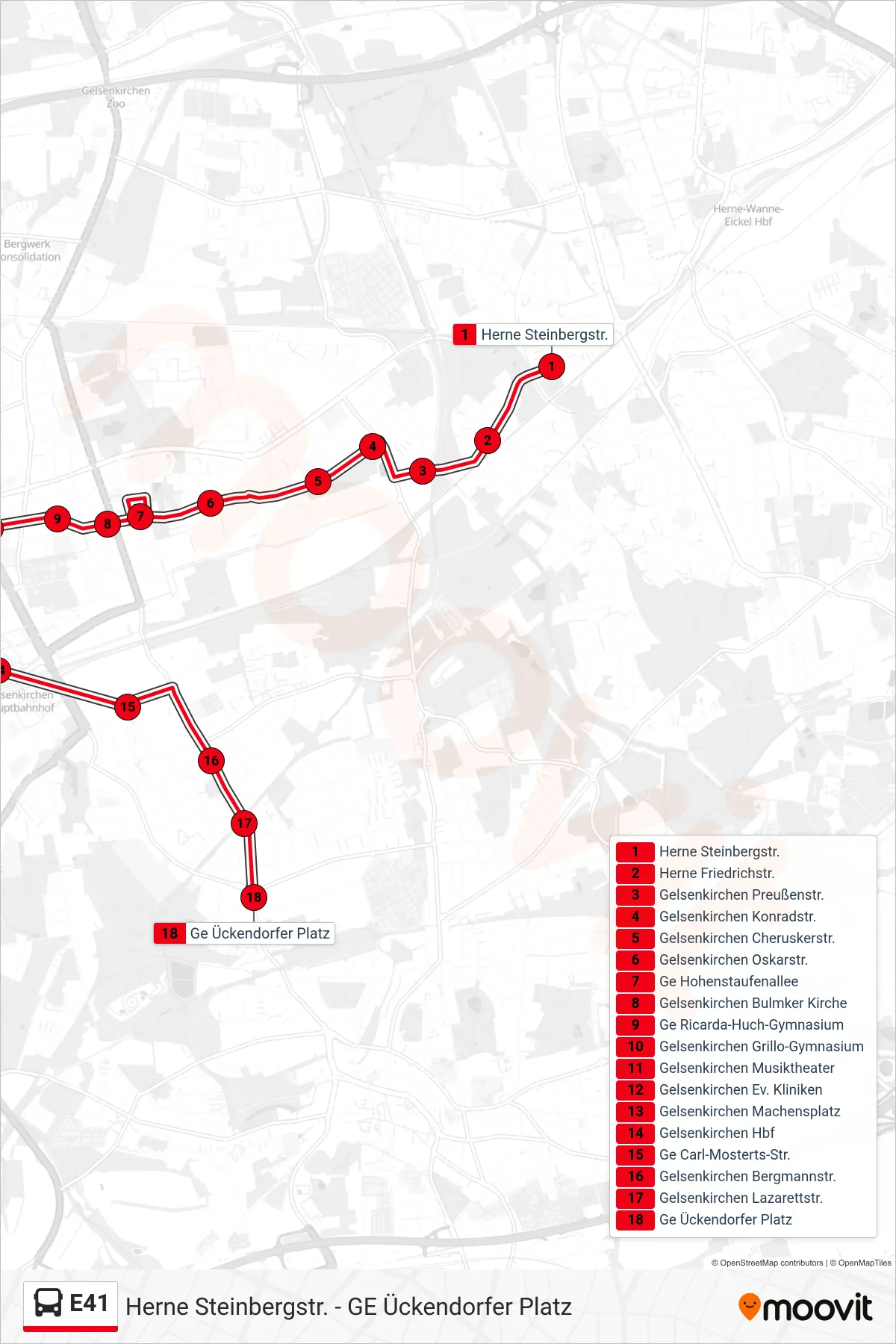 Linie E41 (Bus) Richtung Ge Ückendorfer Platz: Route und Haltestellen auf der Karte