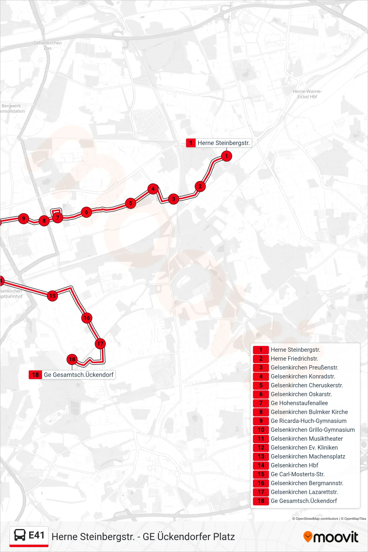 Linie E41 (Bus) Richtung Ge Gesamtsch.Ückendorf: Route und Haltestellen auf der Karte