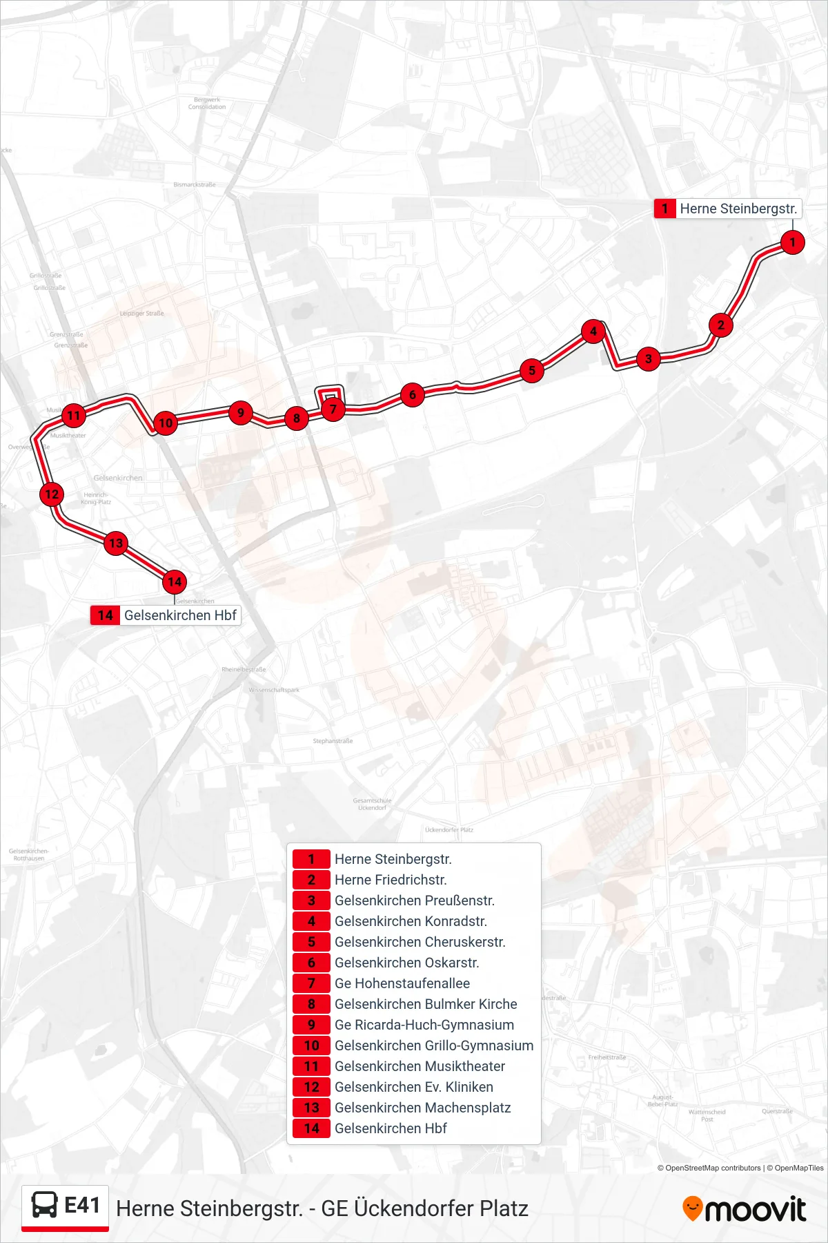 E41 bus Line (Gelsenkirchen Hbf) route and stops on a map