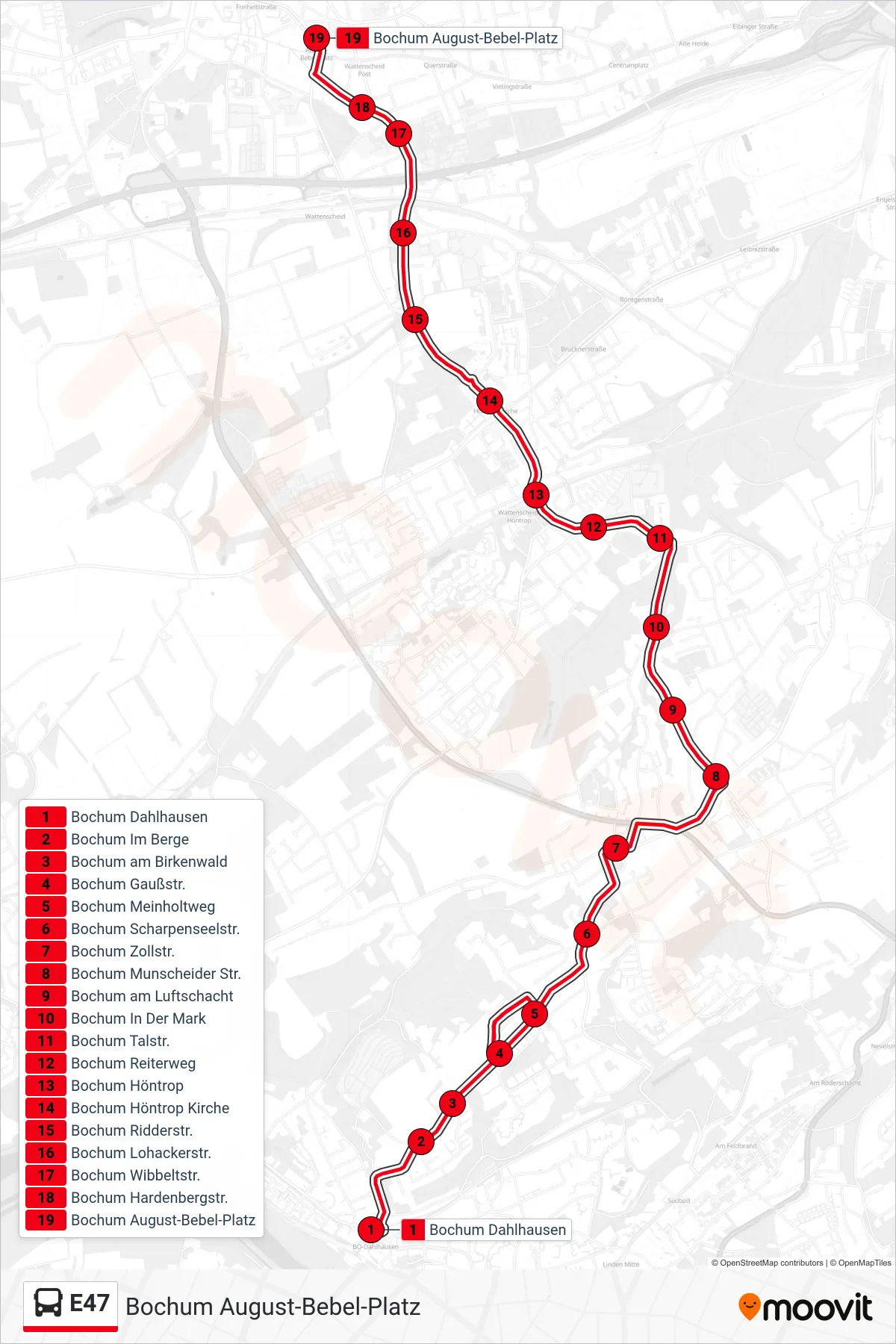 E47 bus Line (Bochum August-Bebel-Platz) route and stops on a map