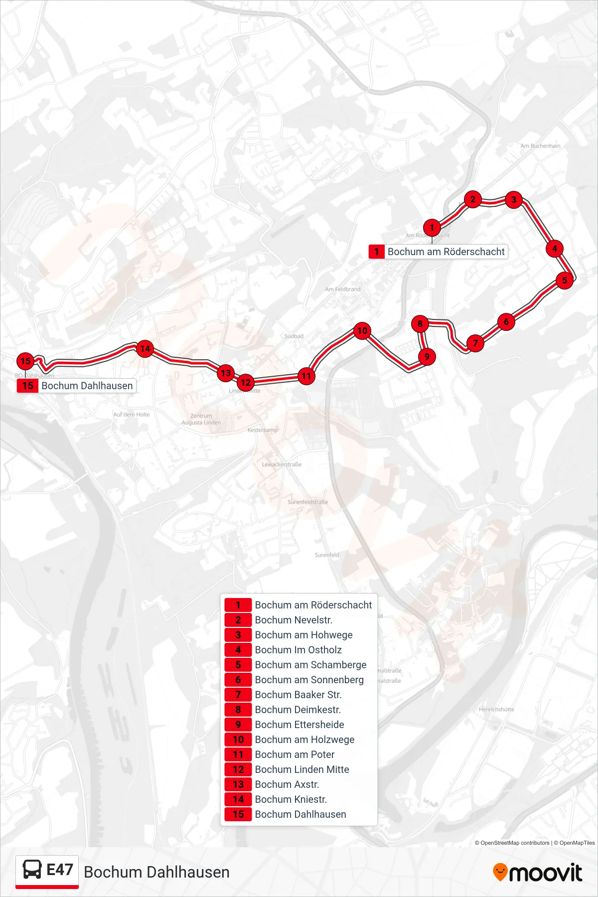 Linie E47 (Bus) Richtung Bochum Dahlhausen: Route und Haltestellen auf der Karte