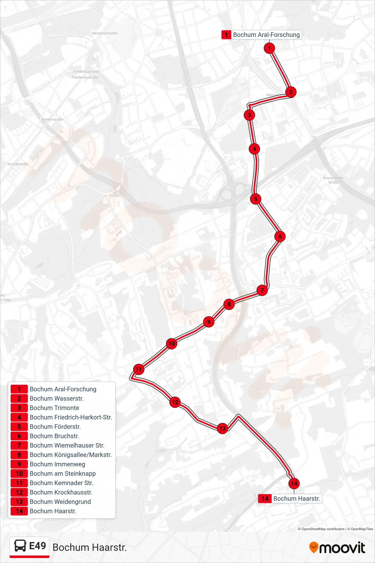 Linie E49 (Bus) Richtung Bochum Haarstr.: Route und Haltestellen auf der Karte