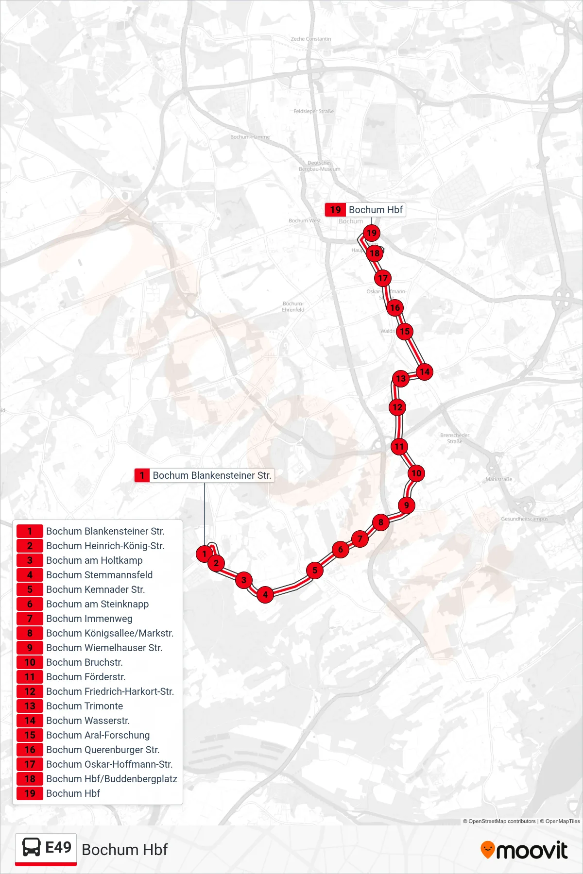 E49 bus Line (Bochum Hbf) route and stops on a map