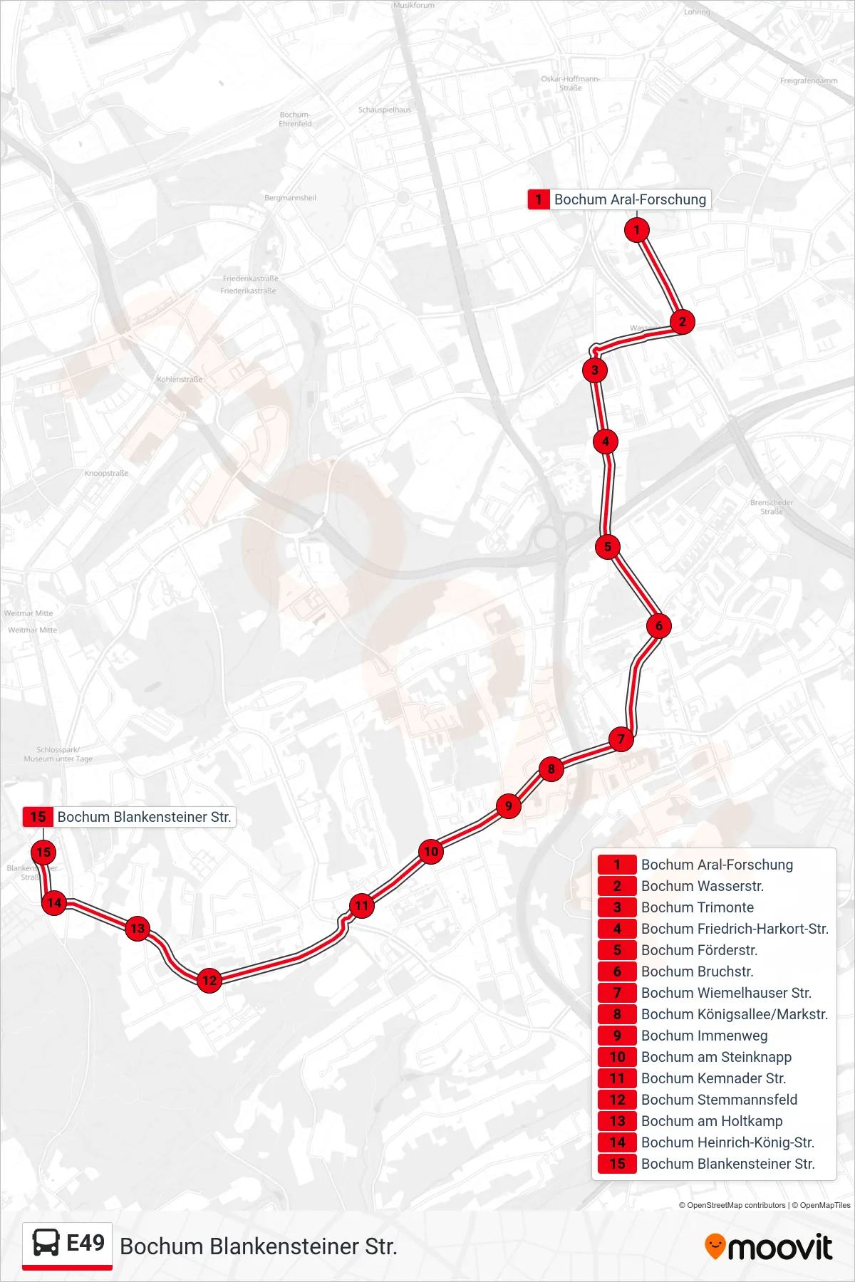 Linie E49 (Bus) Richtung Bochum Blankensteiner Str.: Route und Haltestellen auf der Karte