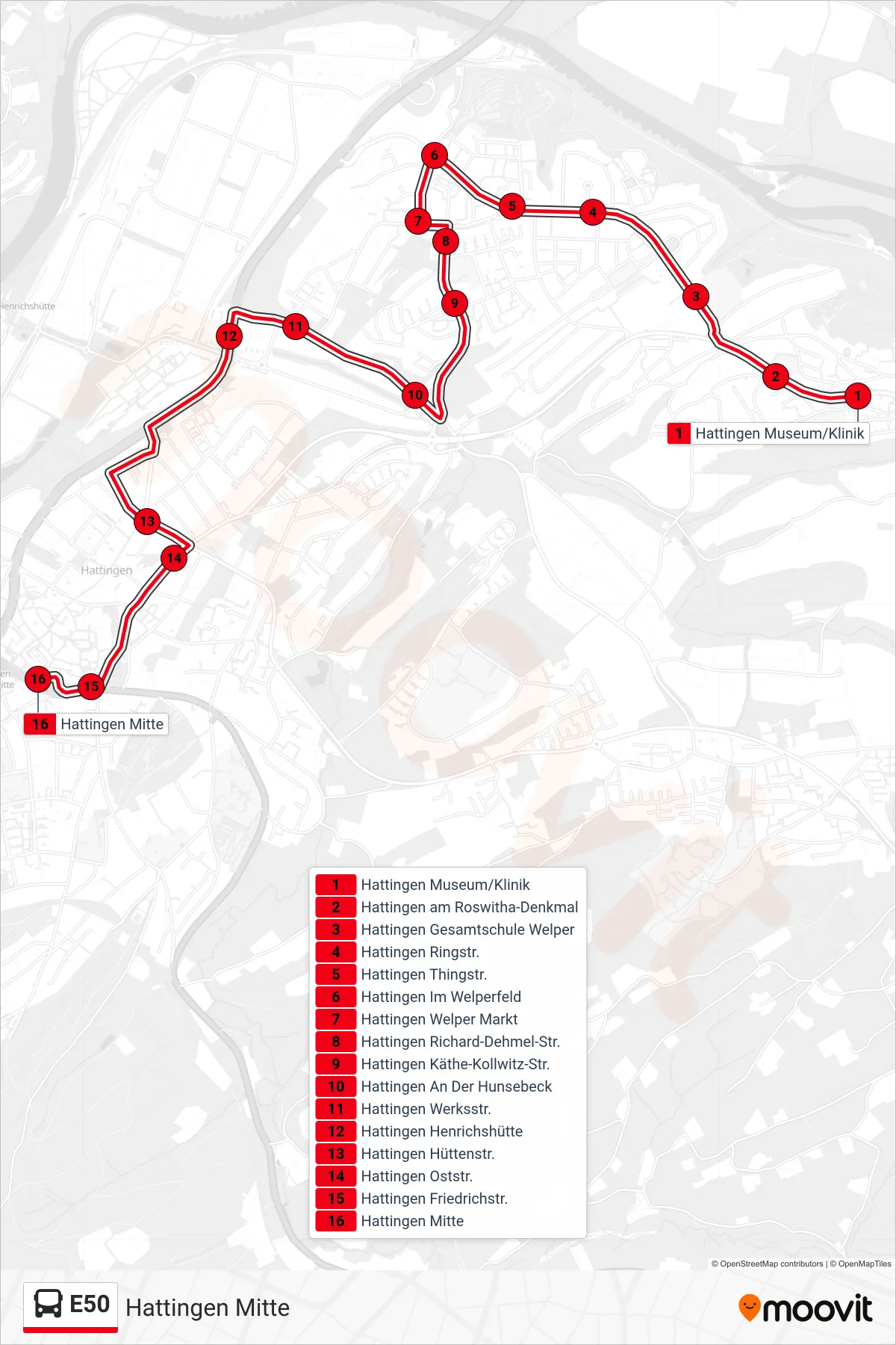 Linie E50 (Bus) Richtung Hattingen Mitte: Route und Haltestellen auf der Karte