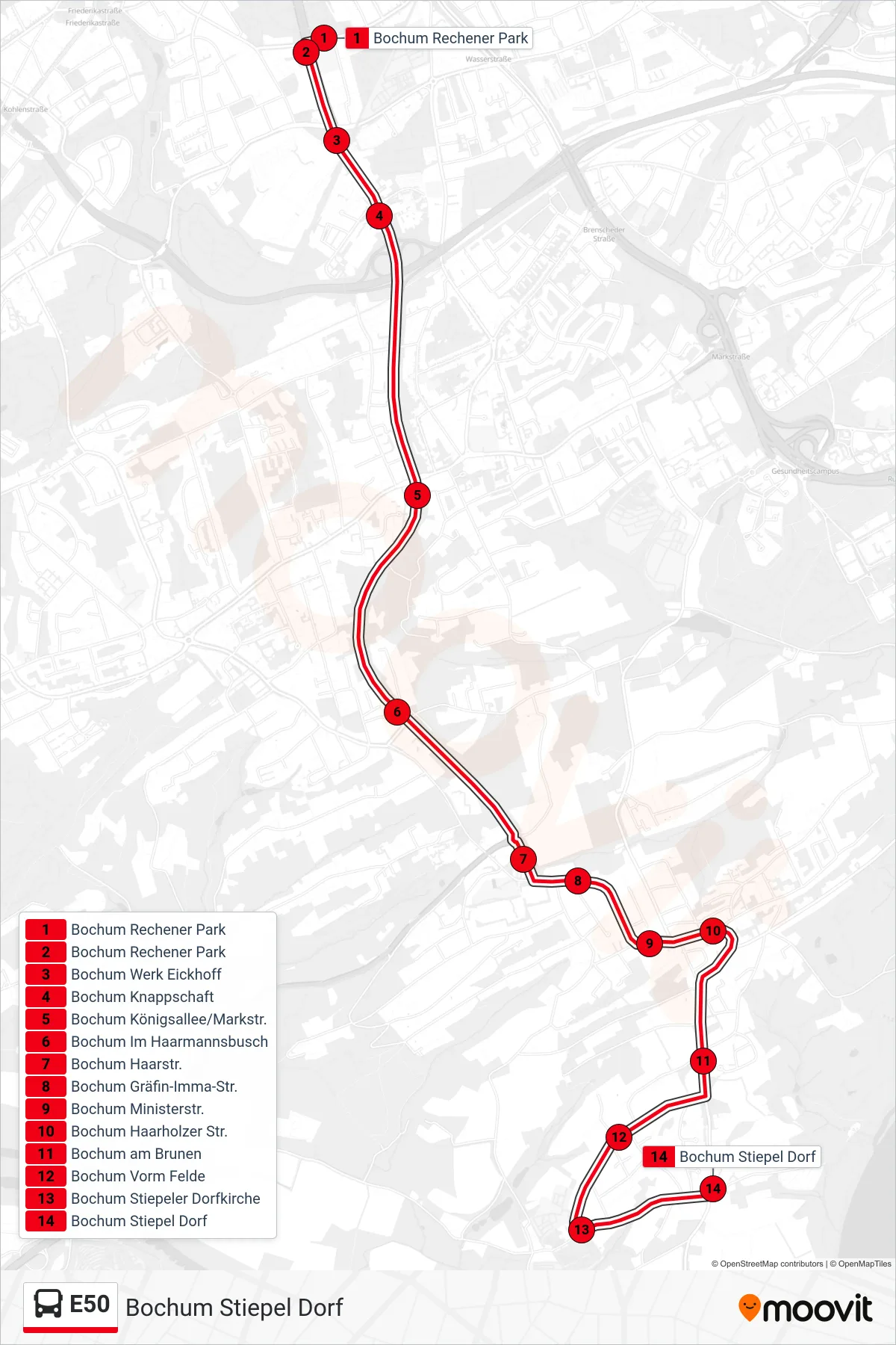 Linie E50 (Bus) Richtung Bochum Stiepel Dorf: Route und Haltestellen auf der Karte