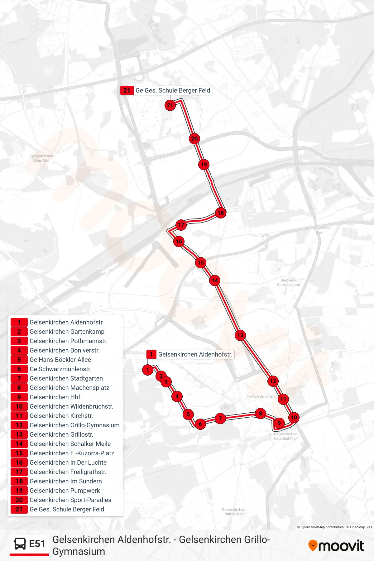 Linie E51 (Bus) Richtung Ge Ges. Schule Berger Feld: Route und Haltestellen auf der Karte