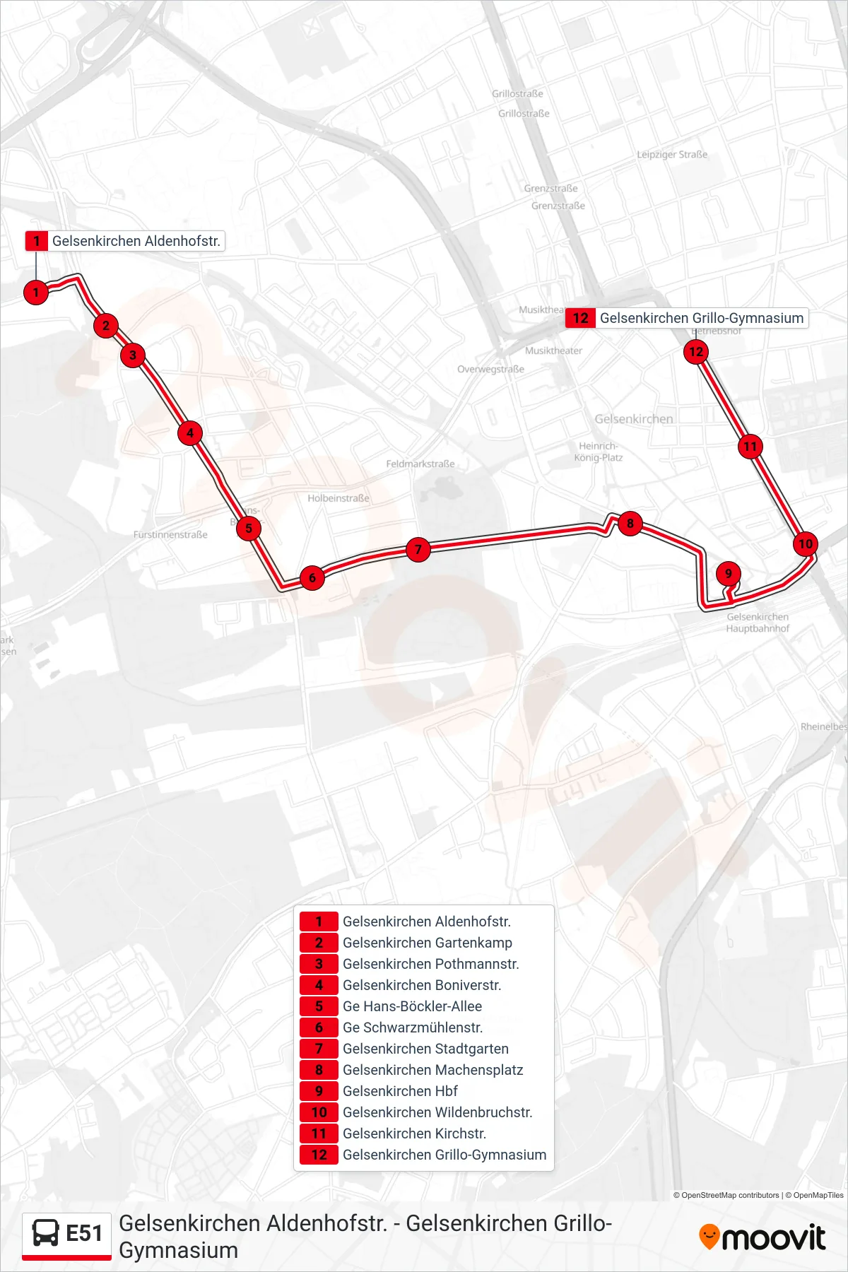 Linie E51 (Bus) Richtung Gelsenkirchen Grillo-Gymnasium: Route und Haltestellen auf der Karte