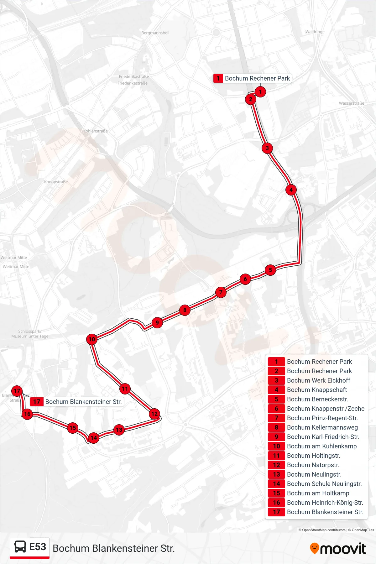 E53 bus Line (Bochum Blankensteiner Str.) route and stops on a map