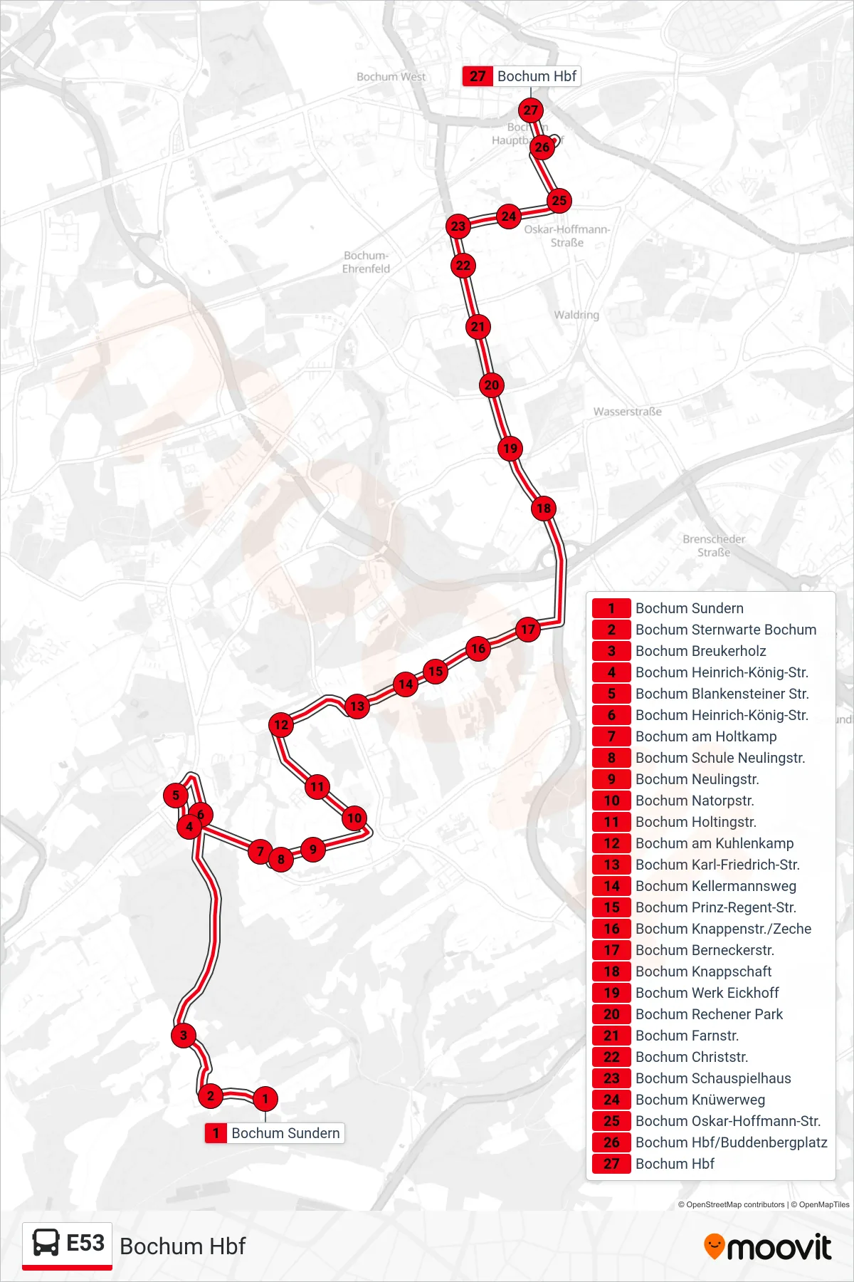 Linie E53 (Bus) Richtung Bochum Hbf: Route und Haltestellen auf der Karte