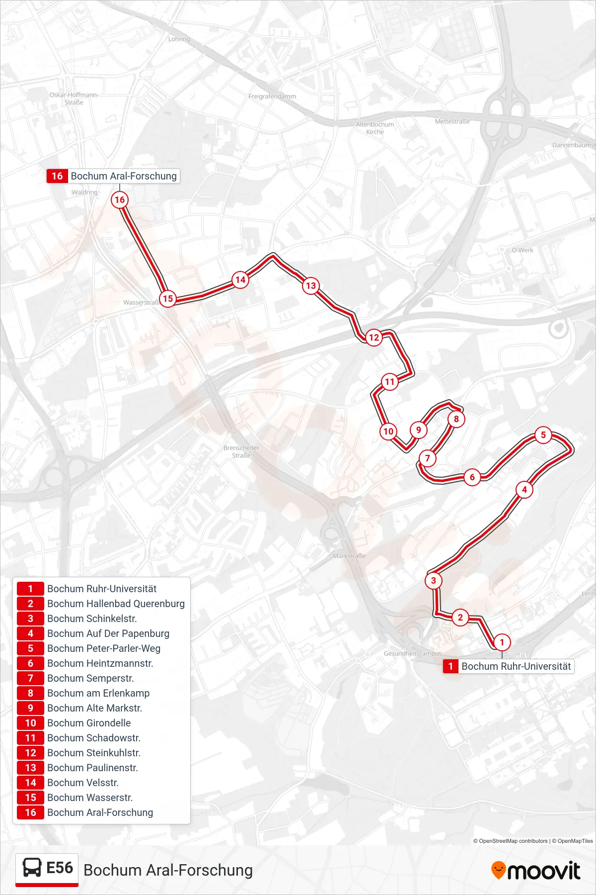 Linie E56 (Bus) Richtung Bochum Aral-Forschung: Route und Haltestellen auf der Karte