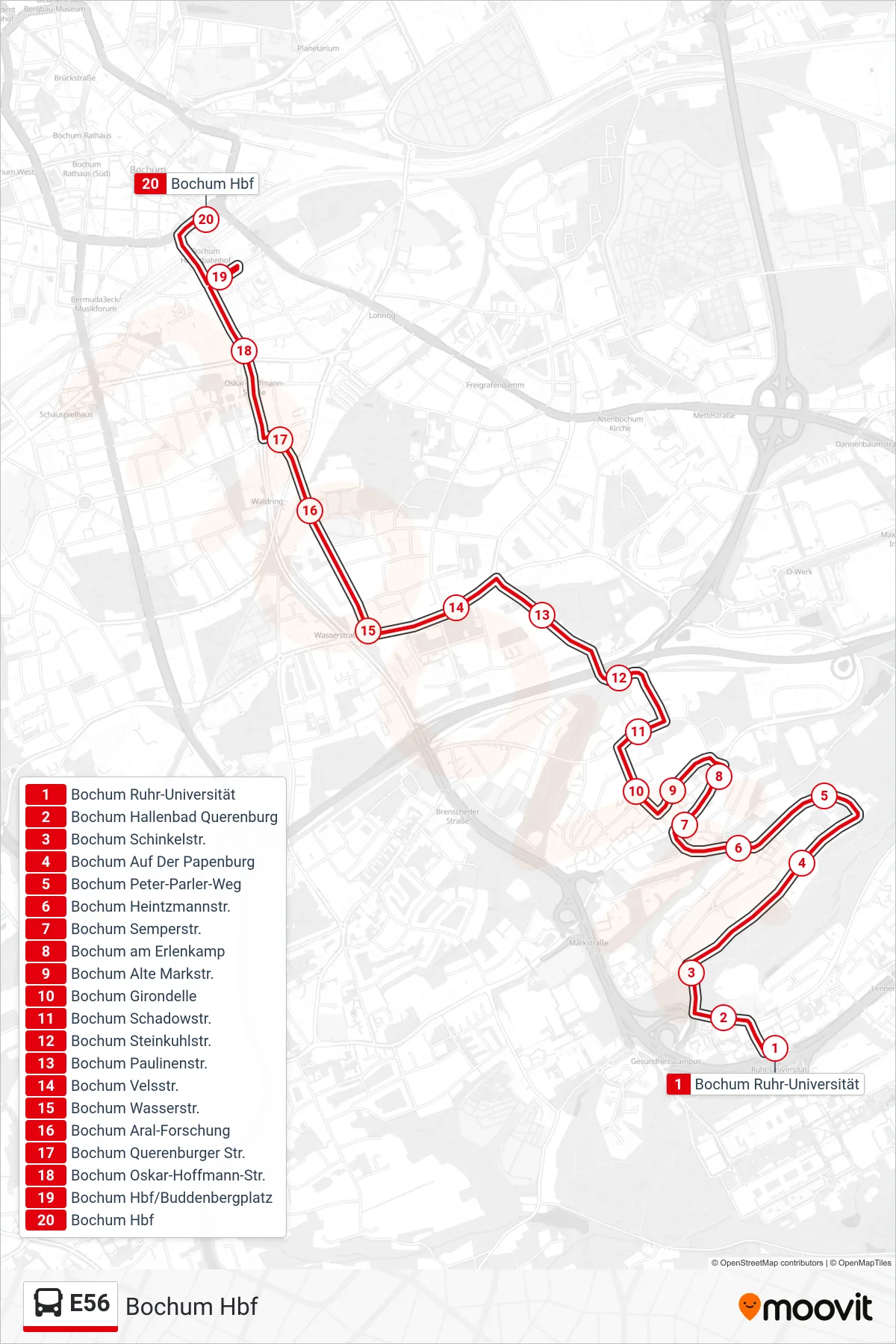 Linie E56 (Bus) Richtung Bochum Hbf: Route und Haltestellen auf der Karte
