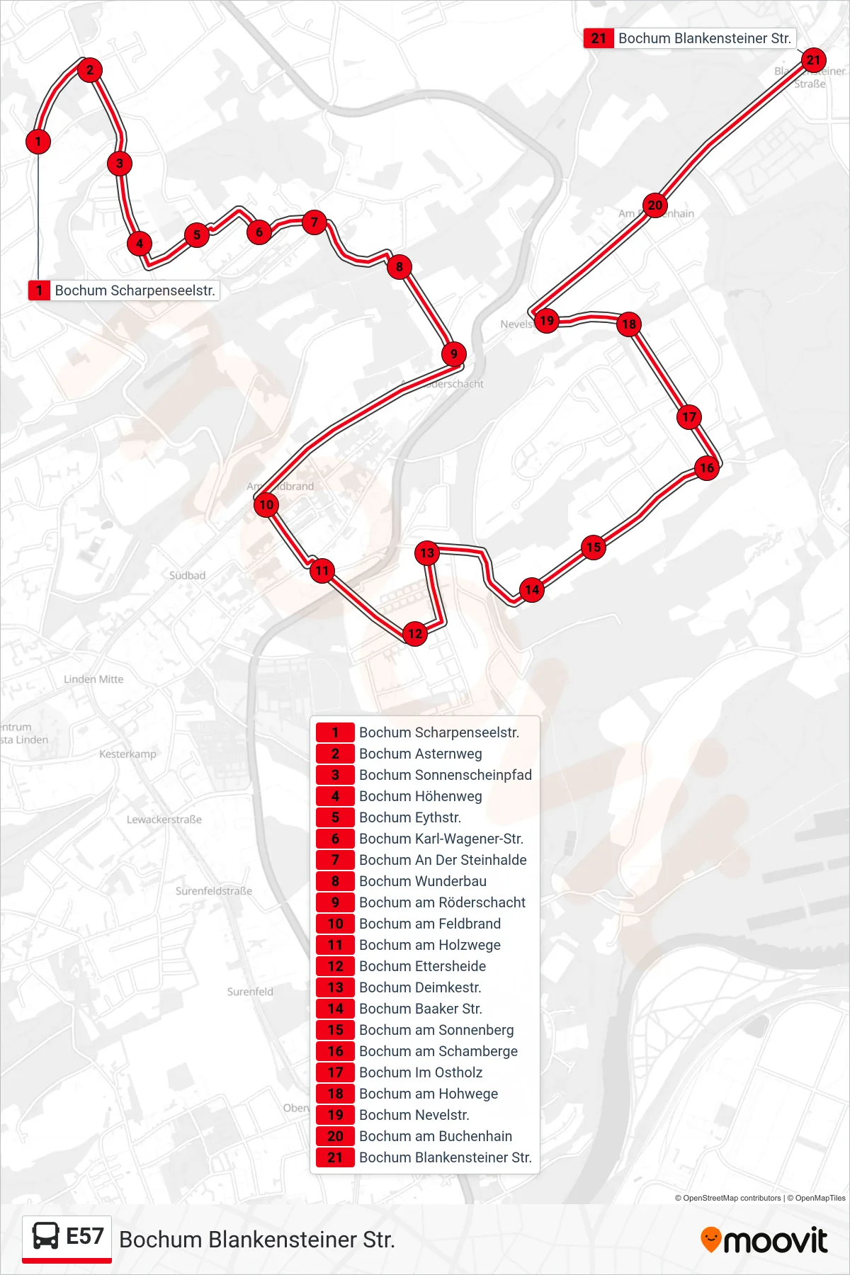 Linie E57 (Bus) Richtung Bochum Blankensteiner Str.: Route und Haltestellen auf der Karte