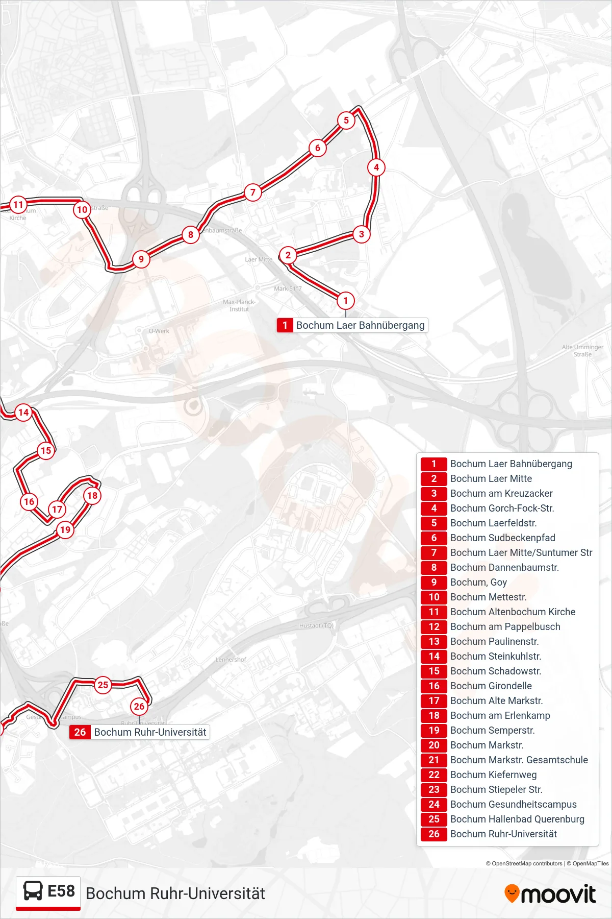 Linie E58 (Bus) Richtung Bochum Ruhr-Universität: Route und Haltestellen auf der Karte