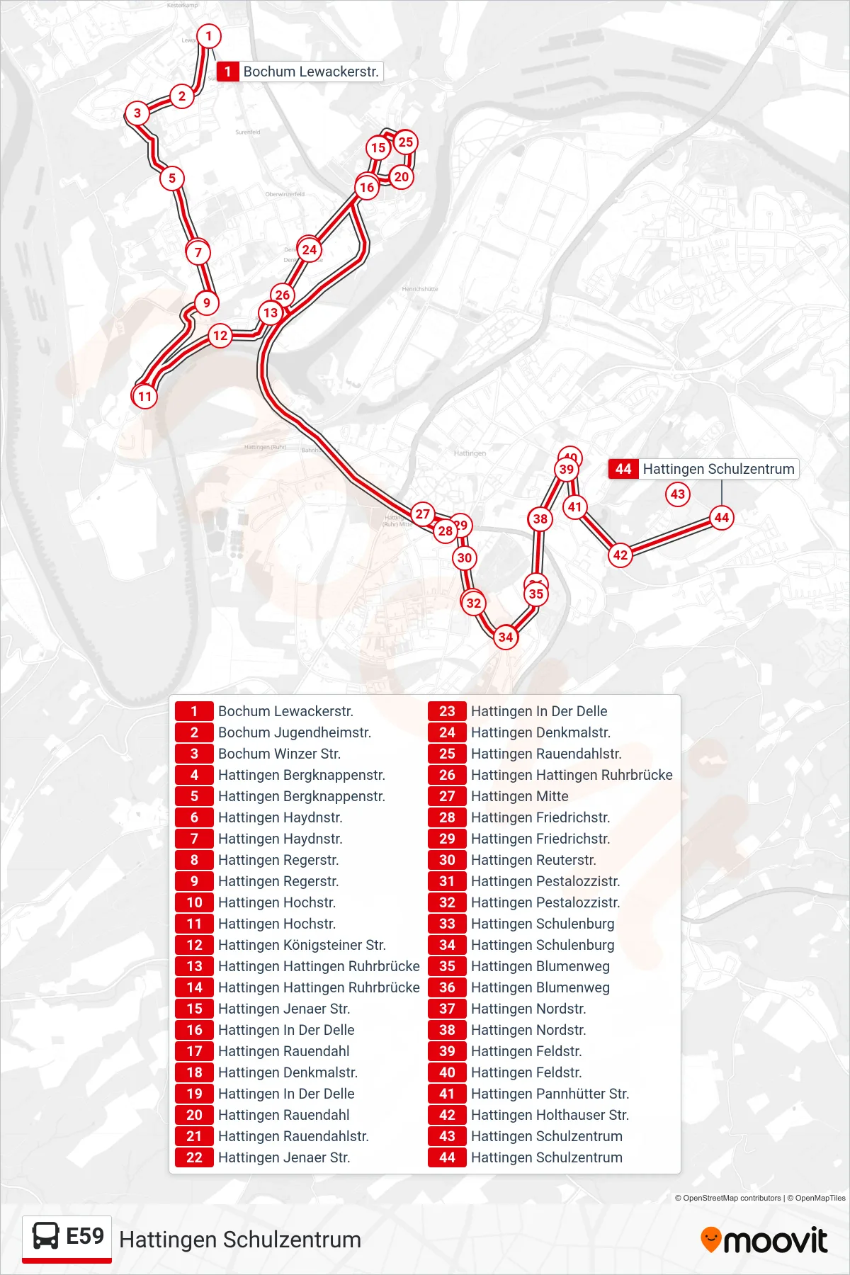 Linie E59 (Bus) Richtung Hattingen Schulzentrum: Route und Haltestellen auf der Karte