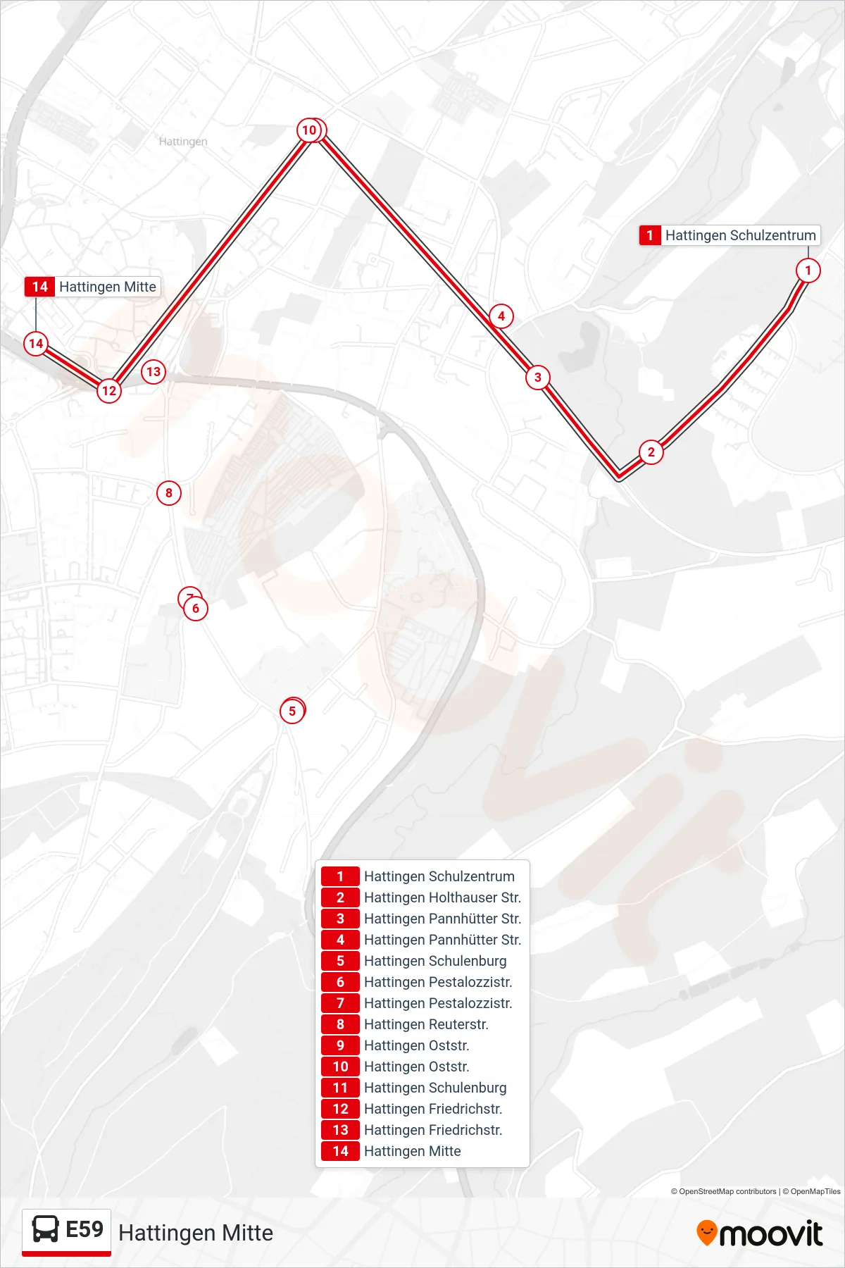 Linie E59 (Bus) Richtung Hattingen Mitte: Route und Haltestellen auf der Karte