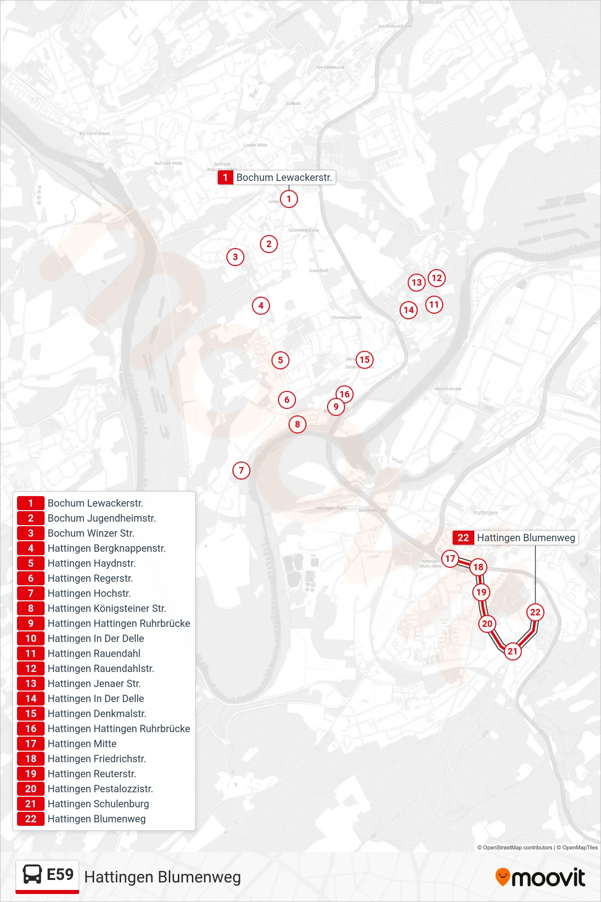 Linie E59 (Bus) Richtung Hattingen Blumenweg: Route und Haltestellen auf der Karte