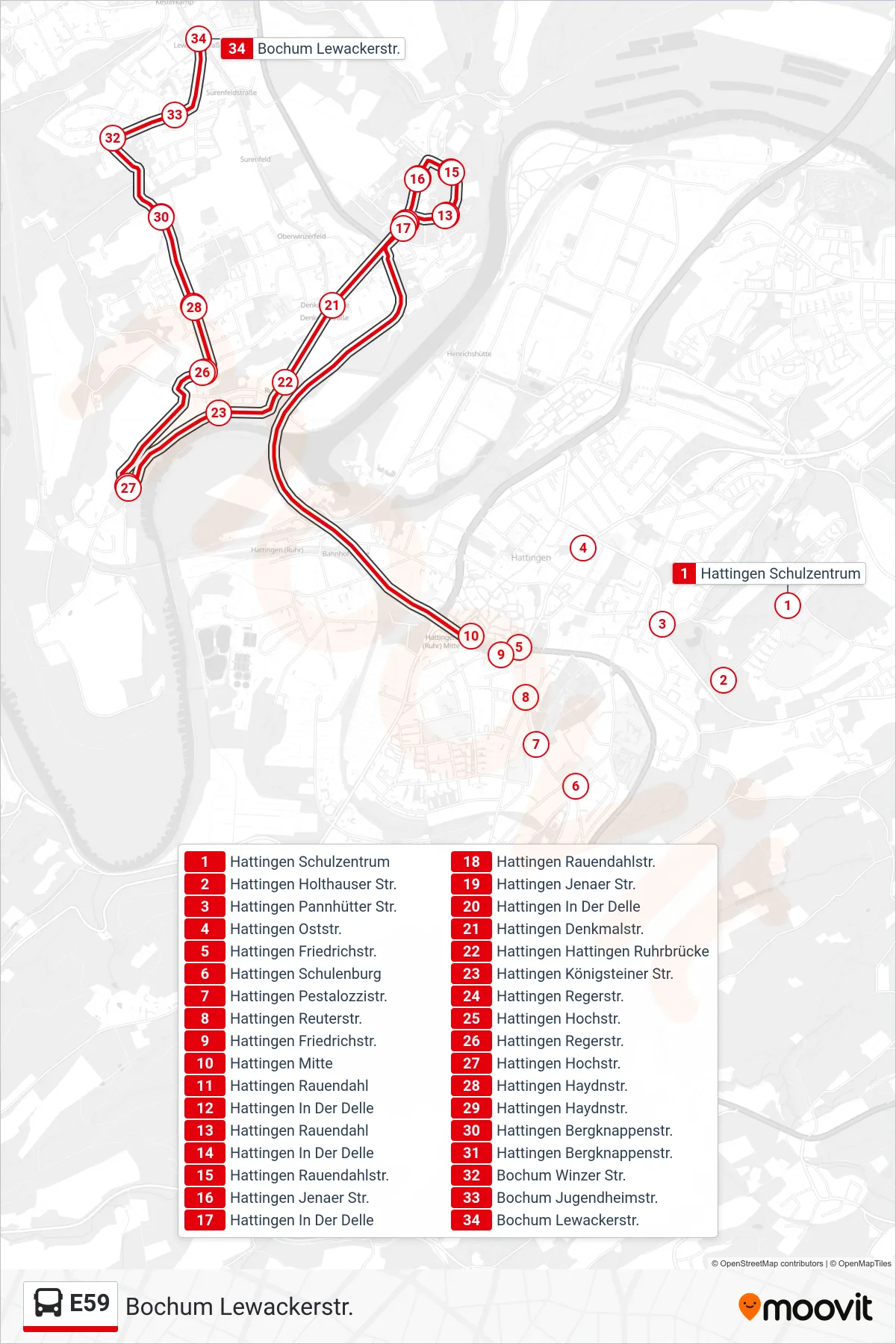 Linie E59 (Bus) Richtung Bochum Lewackerstr.: Route und Haltestellen auf der Karte
