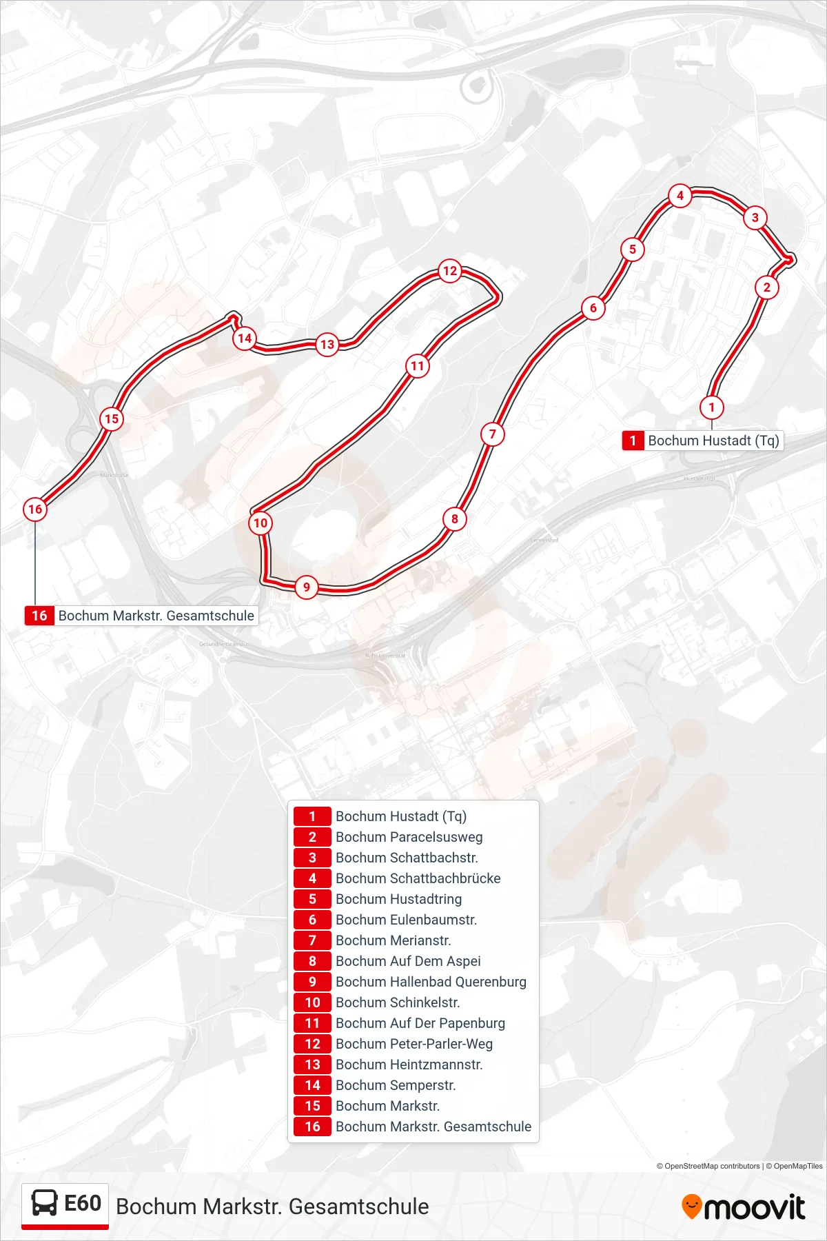 E60 bus Line (Bochum Markstr. Gesamtschule) route and stops on a map