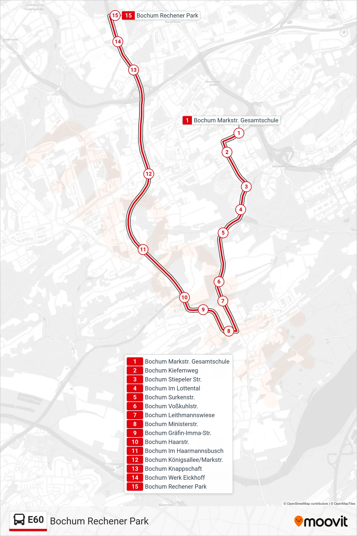 Linie E60 (Bus) Richtung Bochum Rechener Park: Route und Haltestellen auf der Karte