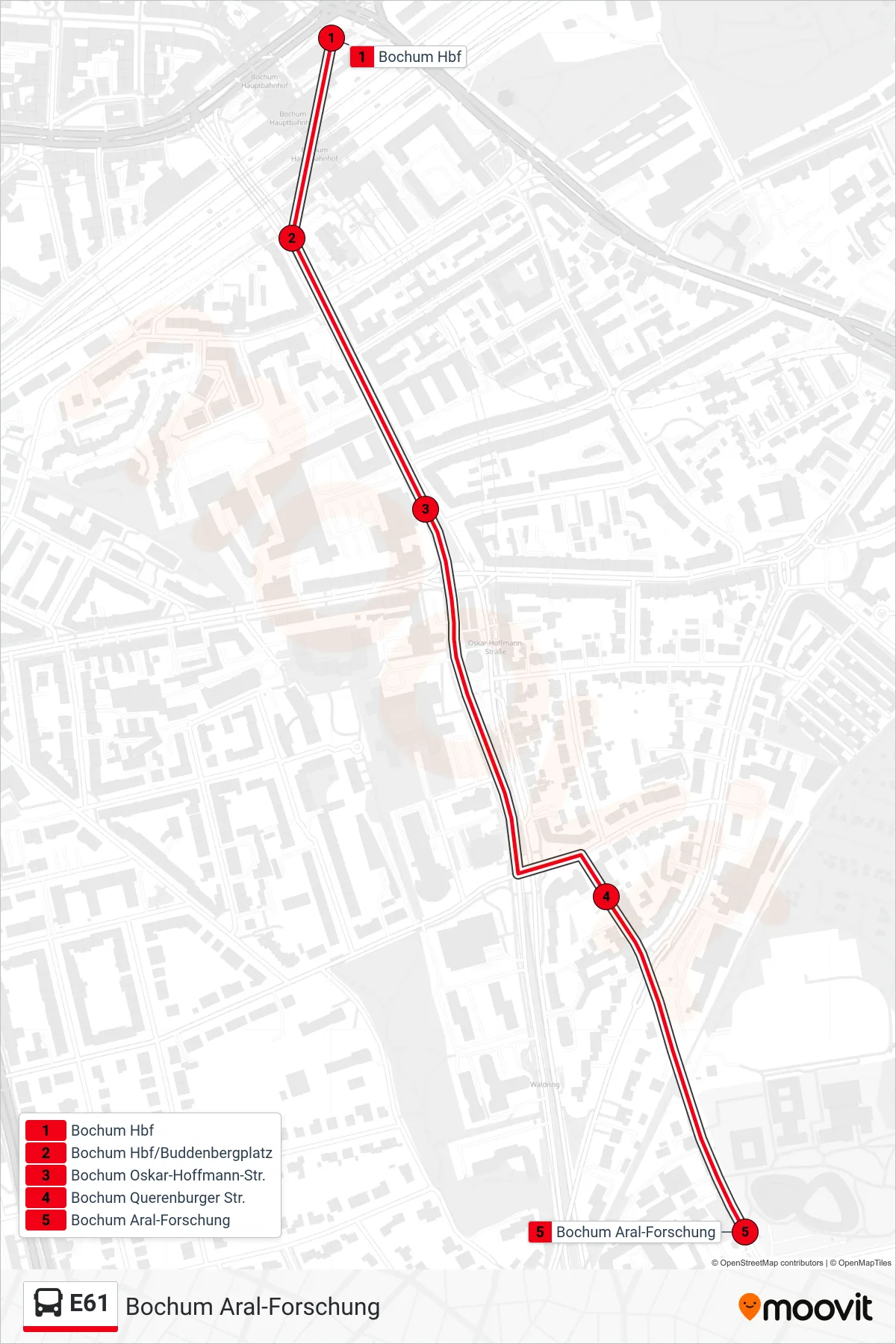 Linie E61 (Bus) Richtung Bochum Aral-Forschung: Route und Haltestellen auf der Karte
