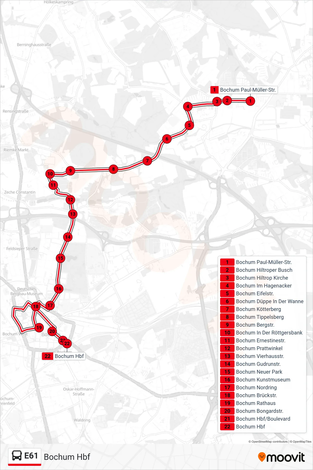 Linie E61 (Bus) Richtung Bochum Hbf: Route und Haltestellen auf der Karte
