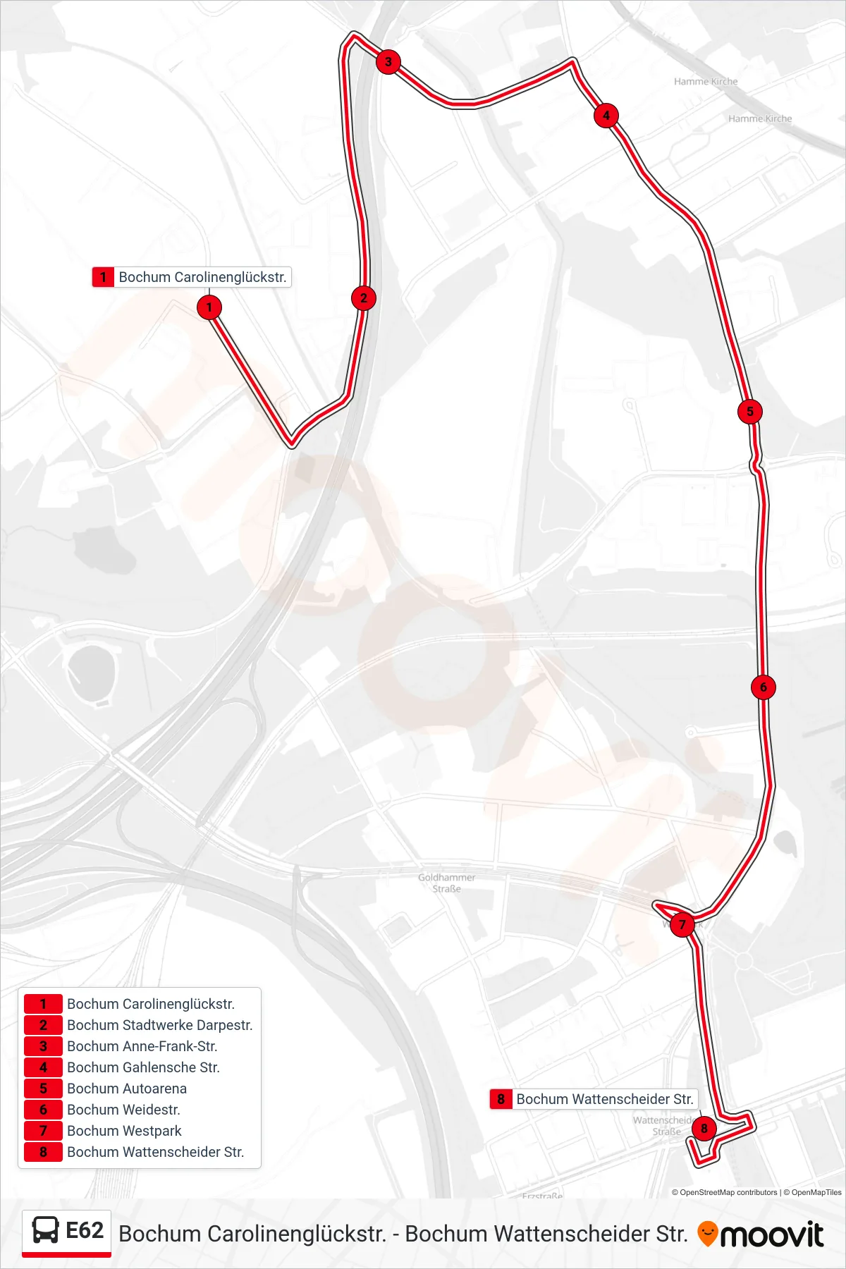 Linie E62 (Bus) Richtung Bochum Wattenscheider Str.: Route und Haltestellen auf der Karte