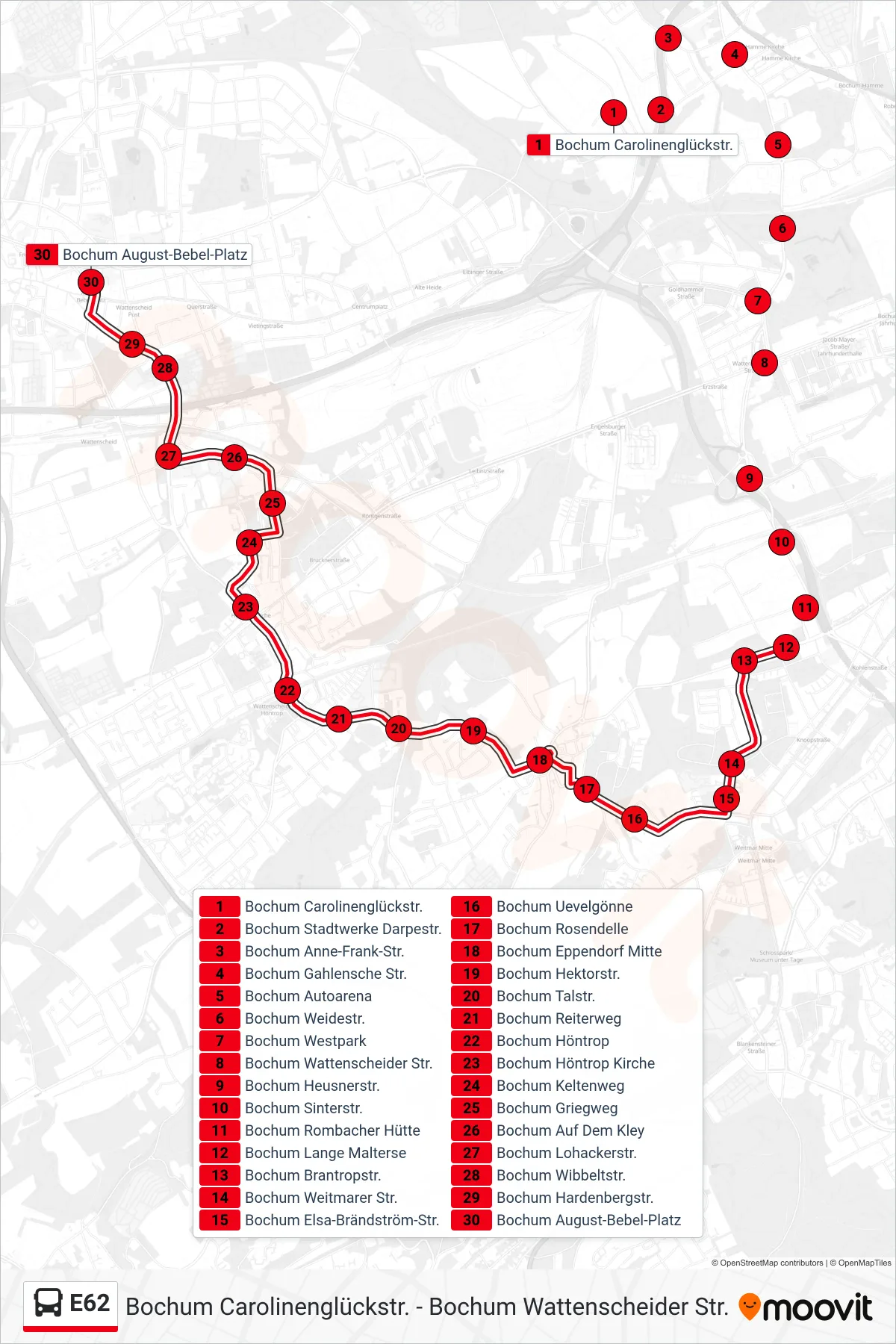E62 bus Line (Bochum August-Bebel-Platz) route and stops on a map