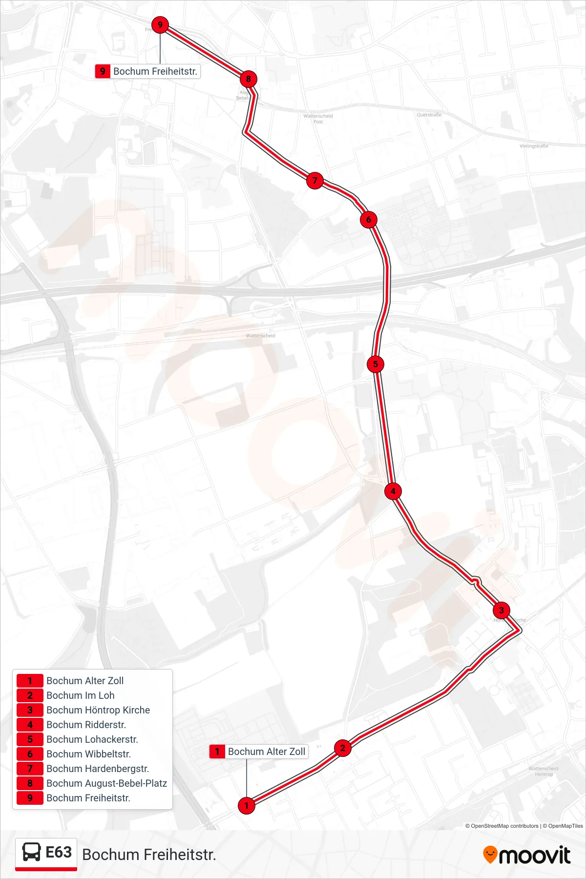 Linie E63 (Bus) Richtung Bochum Freiheitstr.: Route und Haltestellen auf der Karte