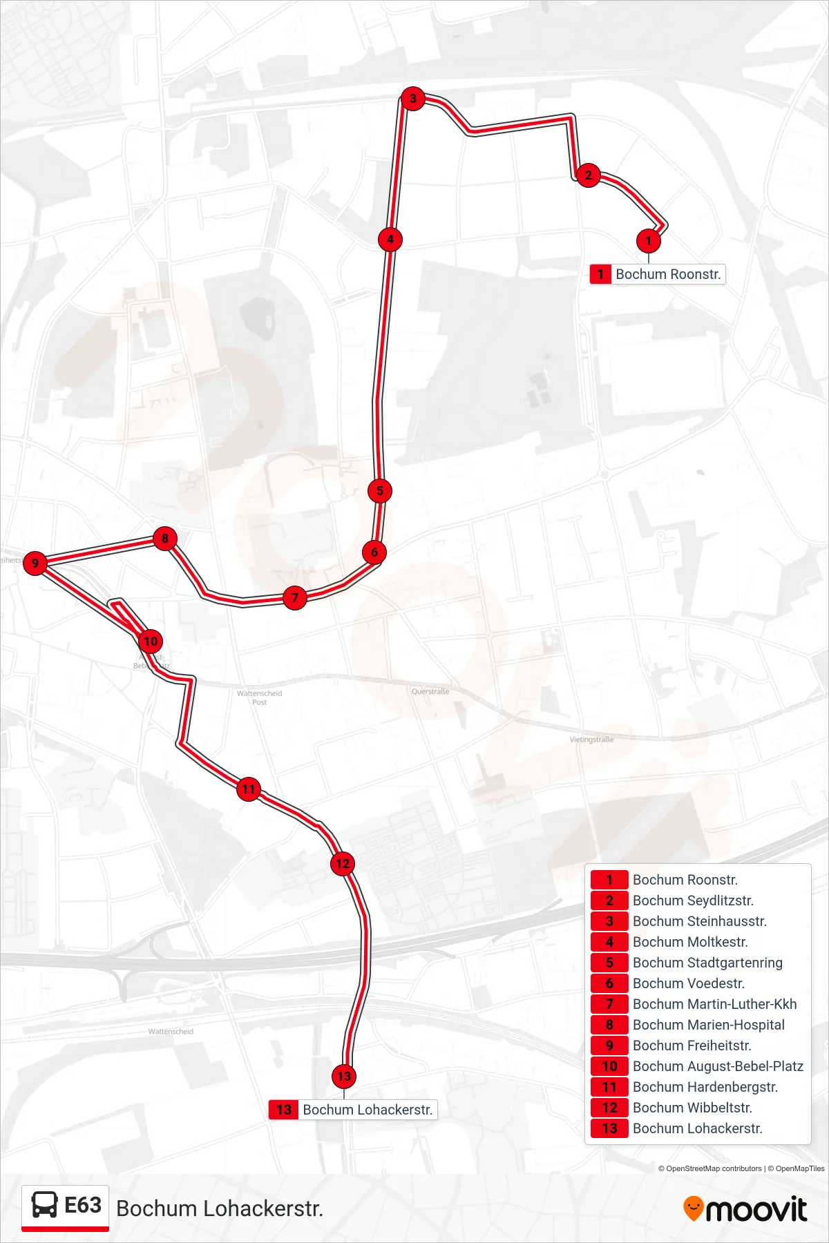 Linie E63 (Bus) Richtung Bochum Lohackerstr.: Route und Haltestellen auf der Karte
