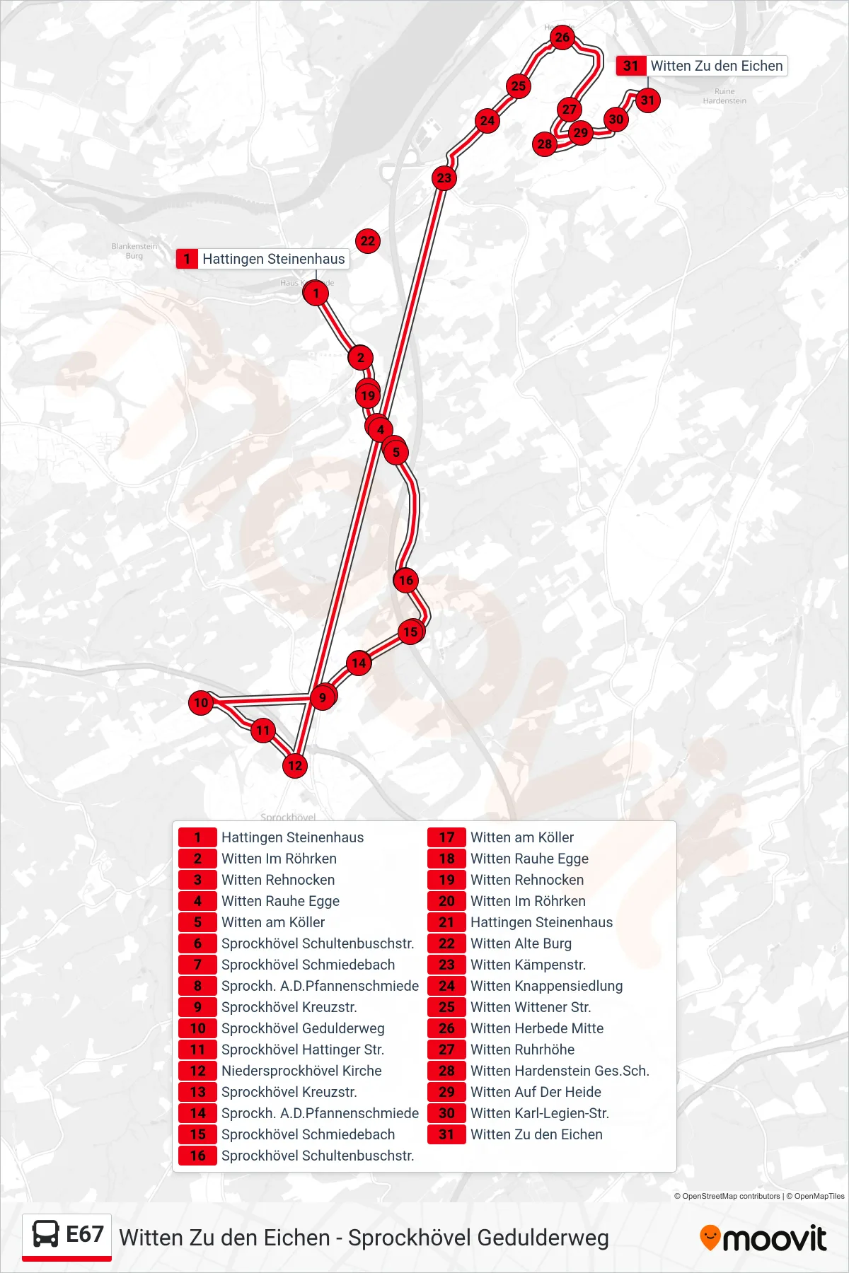 Linie E67 (Bus) Richtung Witten Zu den Eichen: Route und Haltestellen auf der Karte