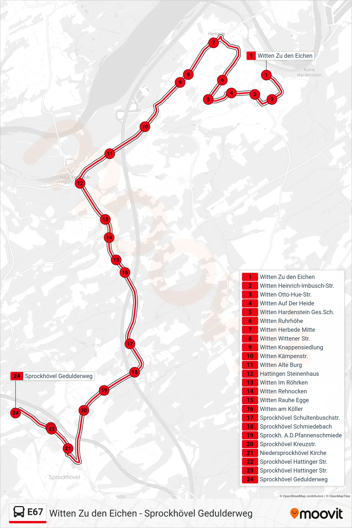 Linie E67 (Bus) Richtung Sprockhövel Gedulderweg: Route und Haltestellen auf der Karte