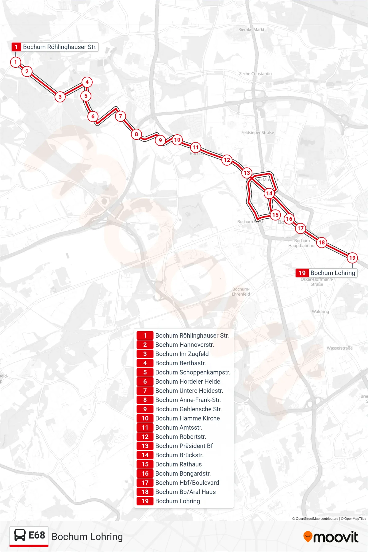 Linie E68 (Bus) Richtung Bochum Lohring: Route und Haltestellen auf der Karte