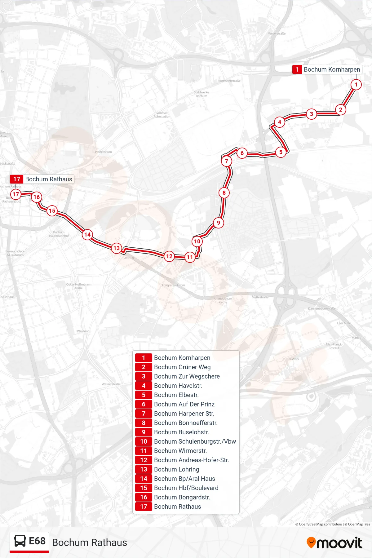 Linie E68 (Bus) Richtung Bochum Rathaus: Route und Haltestellen auf der Karte